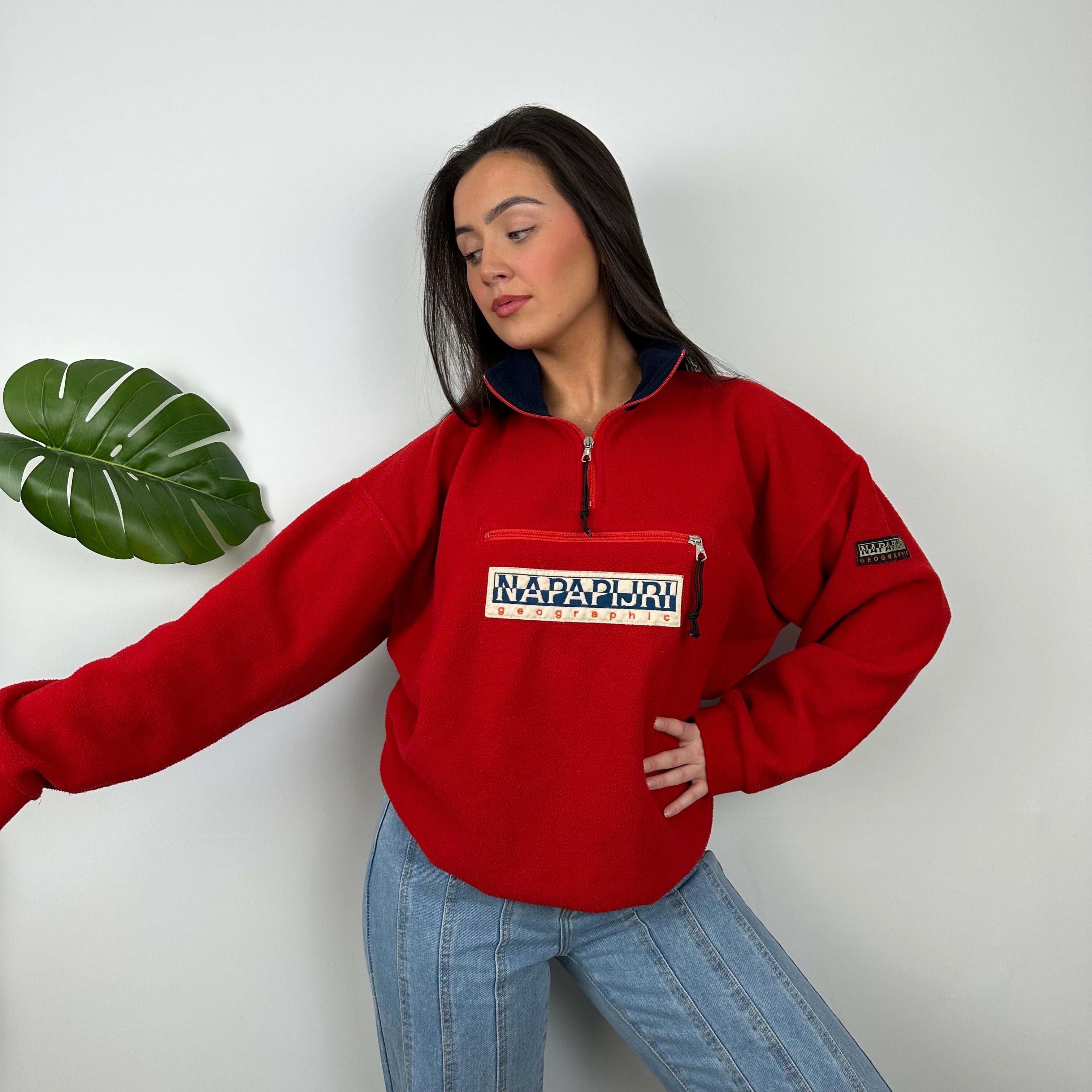 Napapijri Red Embroidered Spell Out Teddy Bear Fleece Quarter Zip (M)