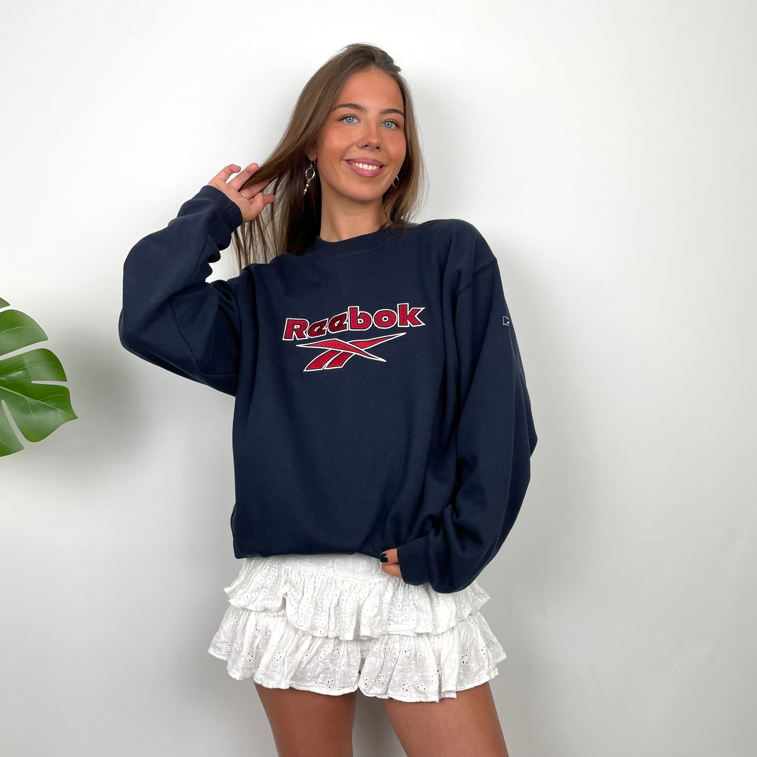 Reebok RARE Navy Embroidered Spell Out Sweatshirt (L)