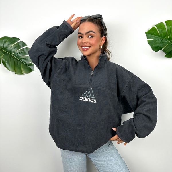 Adidas Black Embroidered Spell Out Teddy Bear Fleece Quarter Zip Sweatshirt (M)