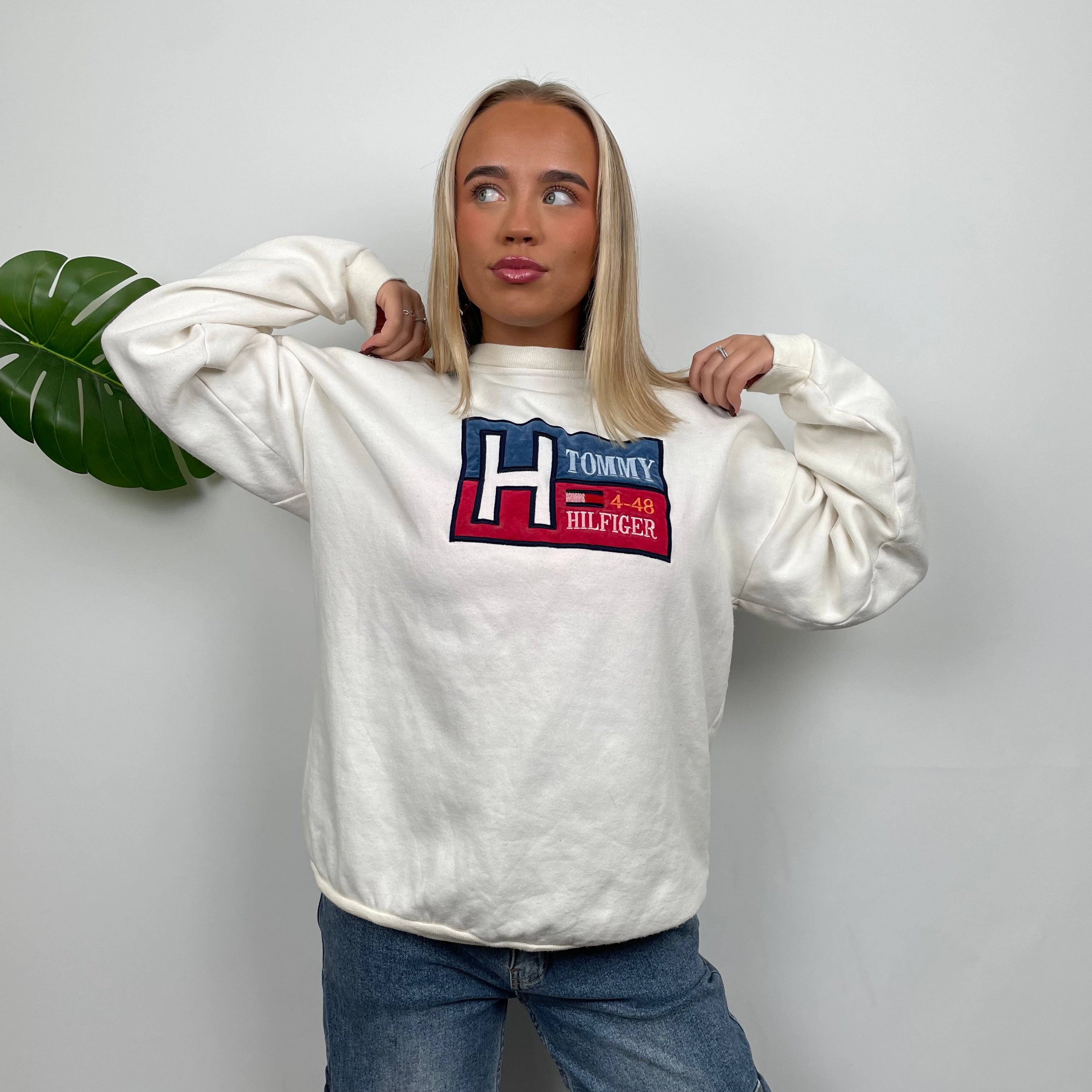 Tommy Hilfiger RARE Cream Embroidered Spell Out Sweatshirt