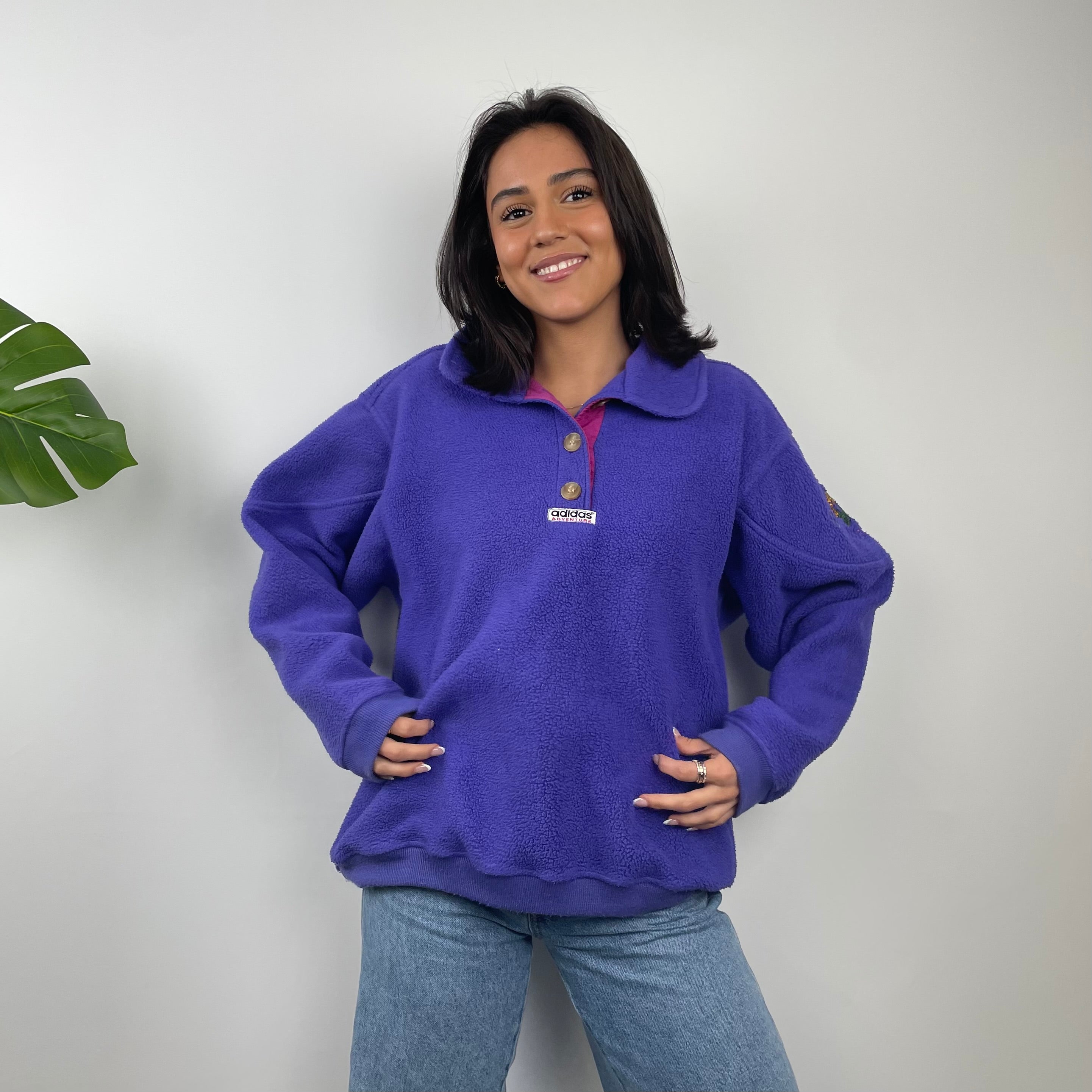 Adidas Adventure RARE Purple Embroidered Spell Out Teddy Bear Fleece Button Sweatshirt (M)
