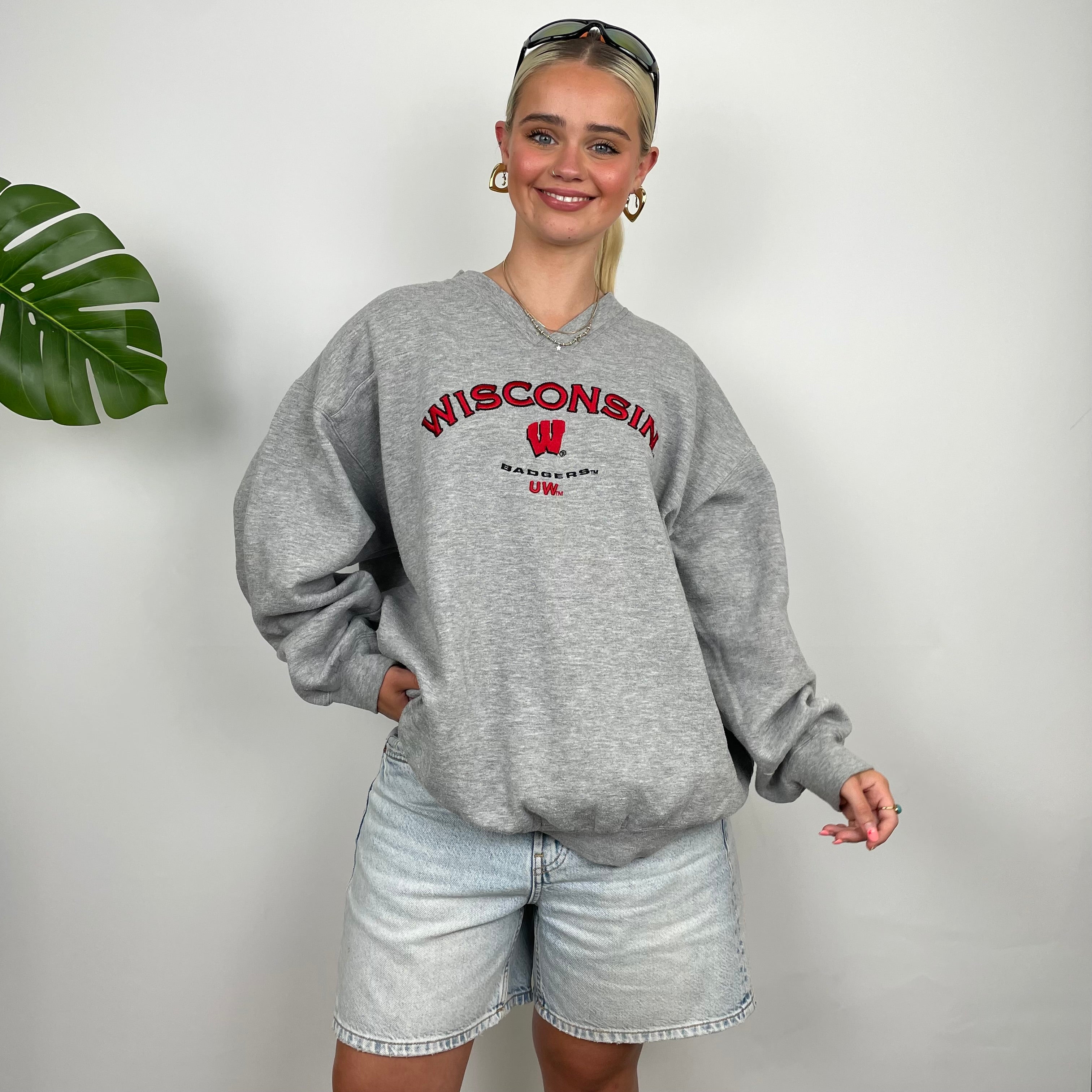 Wisconsin Badgers USA College Grey Embroidered Spell Out Sweatshirt (M)