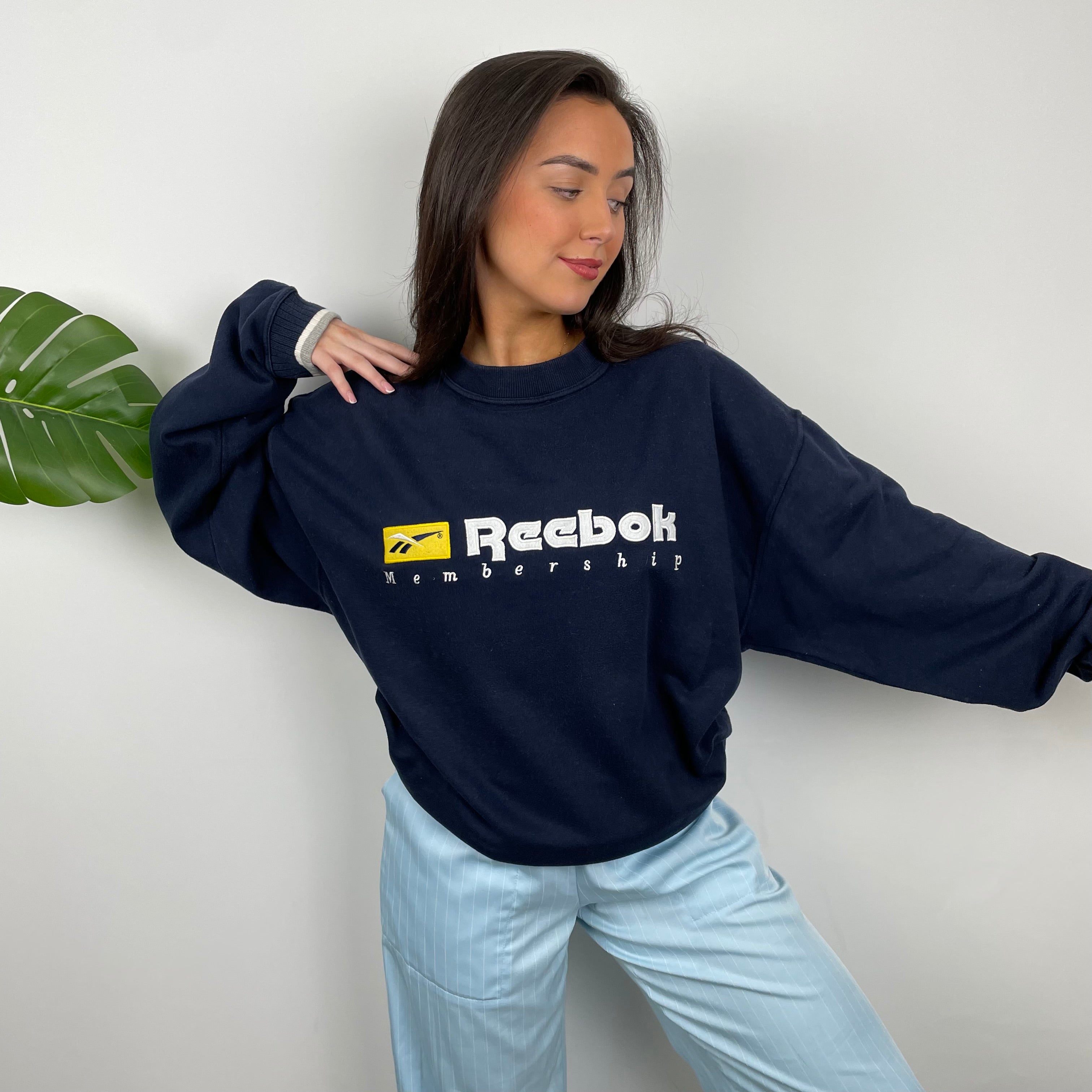 Reebok Membership RARE Navy Embroidered Spell Out Sweatshirt (XL)