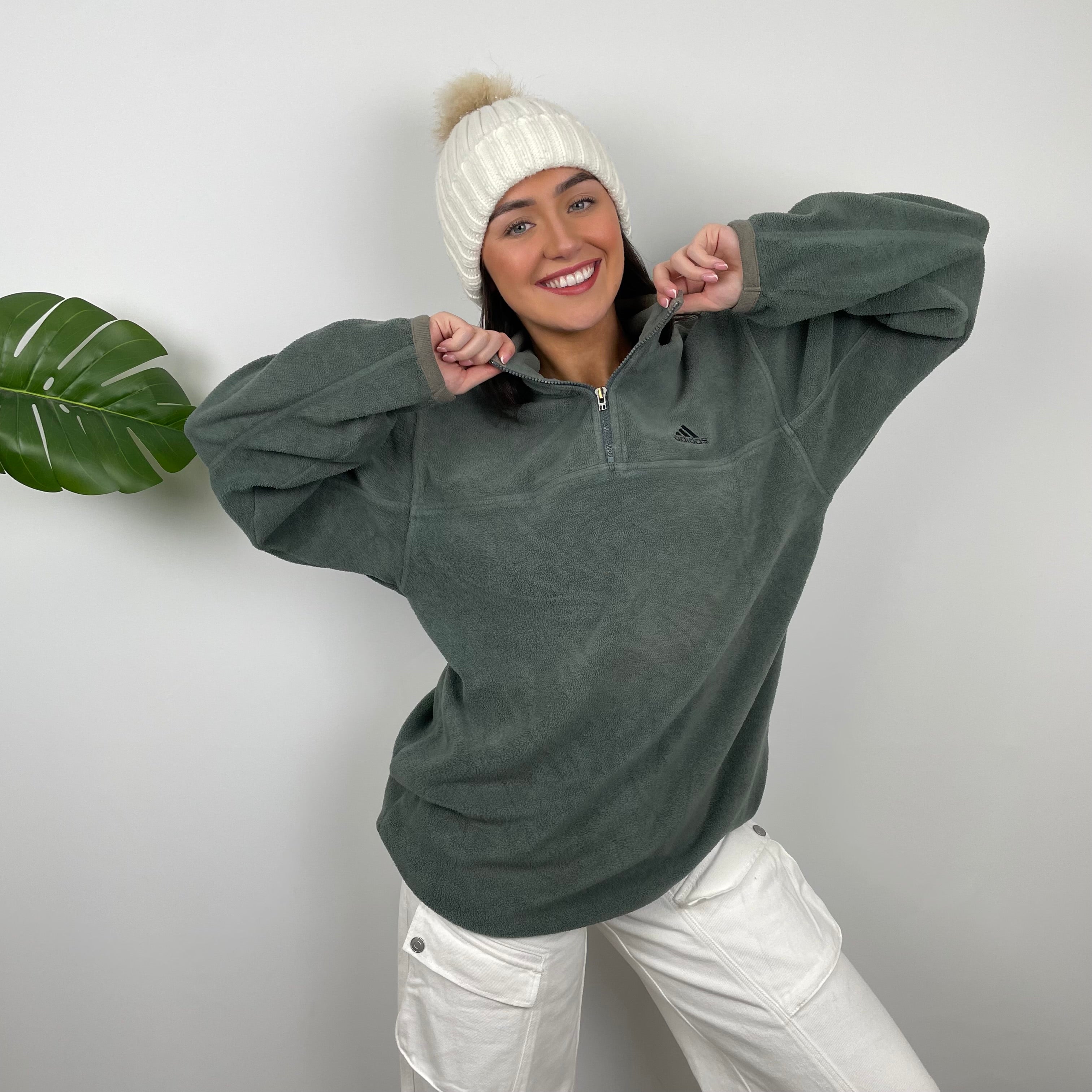 Adidas Green Embroidered Spell Out Fleece Quarter Zip Sweatshirt (XL)