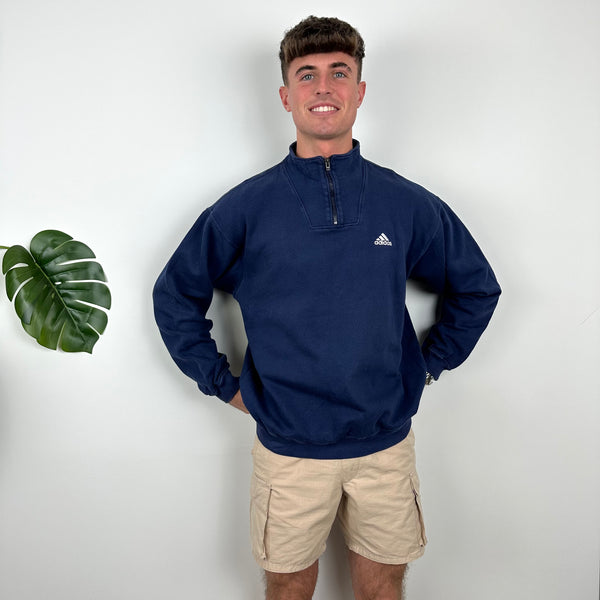 Adidas RARE Navy Embroidered Spell Out Quarter Zip Sweatshirt (L)