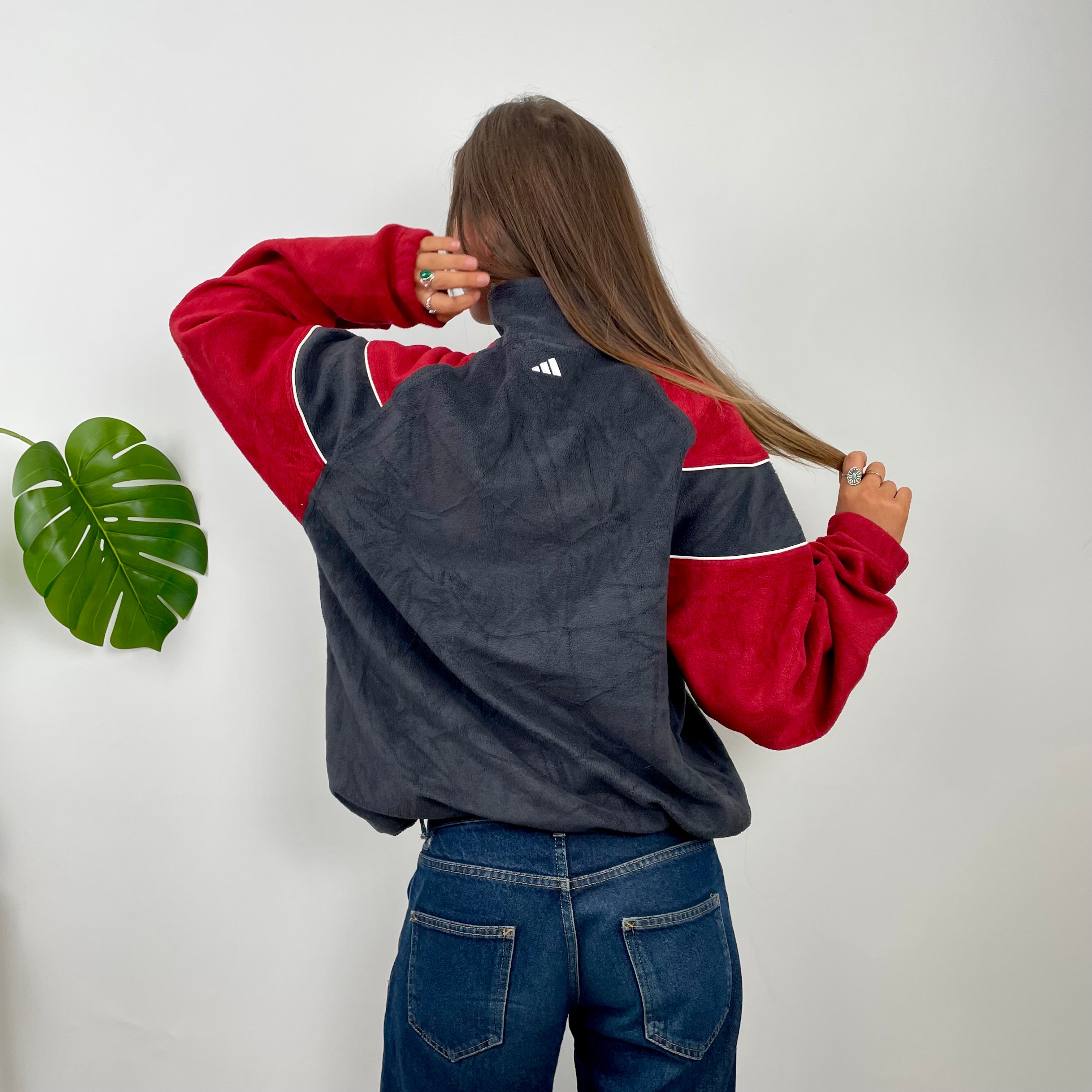 Adidas Black Colour Block Embroidered Spell Out Teddy Bear Fleece Quarter Zip Sweatshirt (XL)