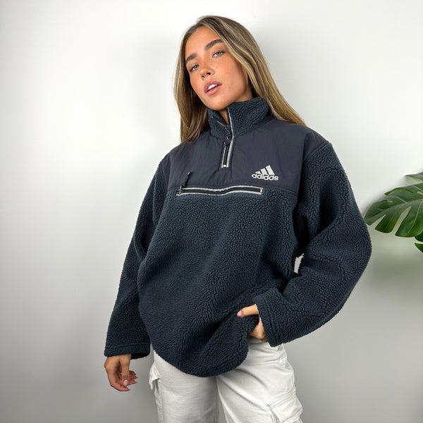 Adidas Navy Embroidered Spell Out Teddy Bear Sherpa Fleece Quarter Zip (M)