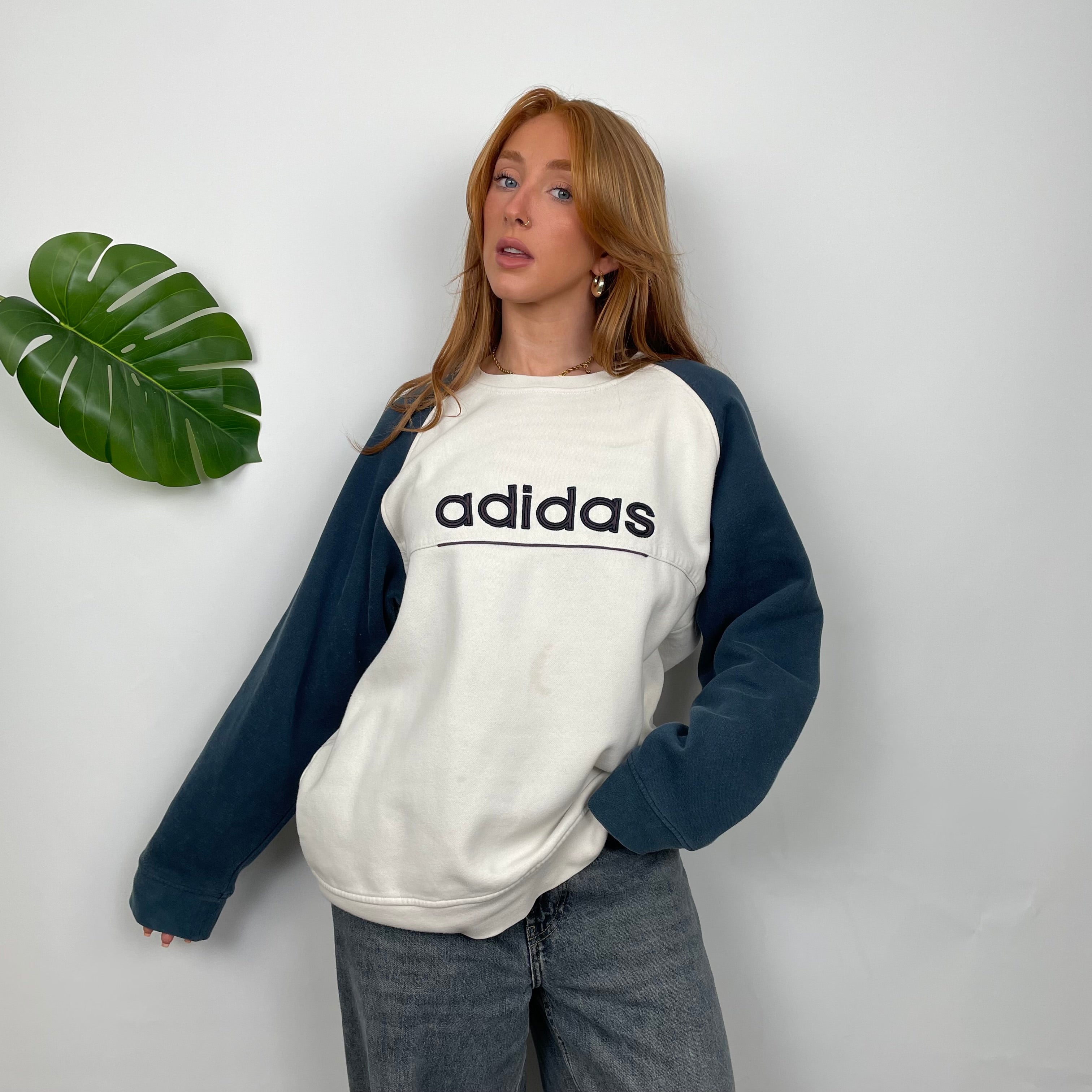 Adidas White Embroidered Spell Out Sweatshirt (M)