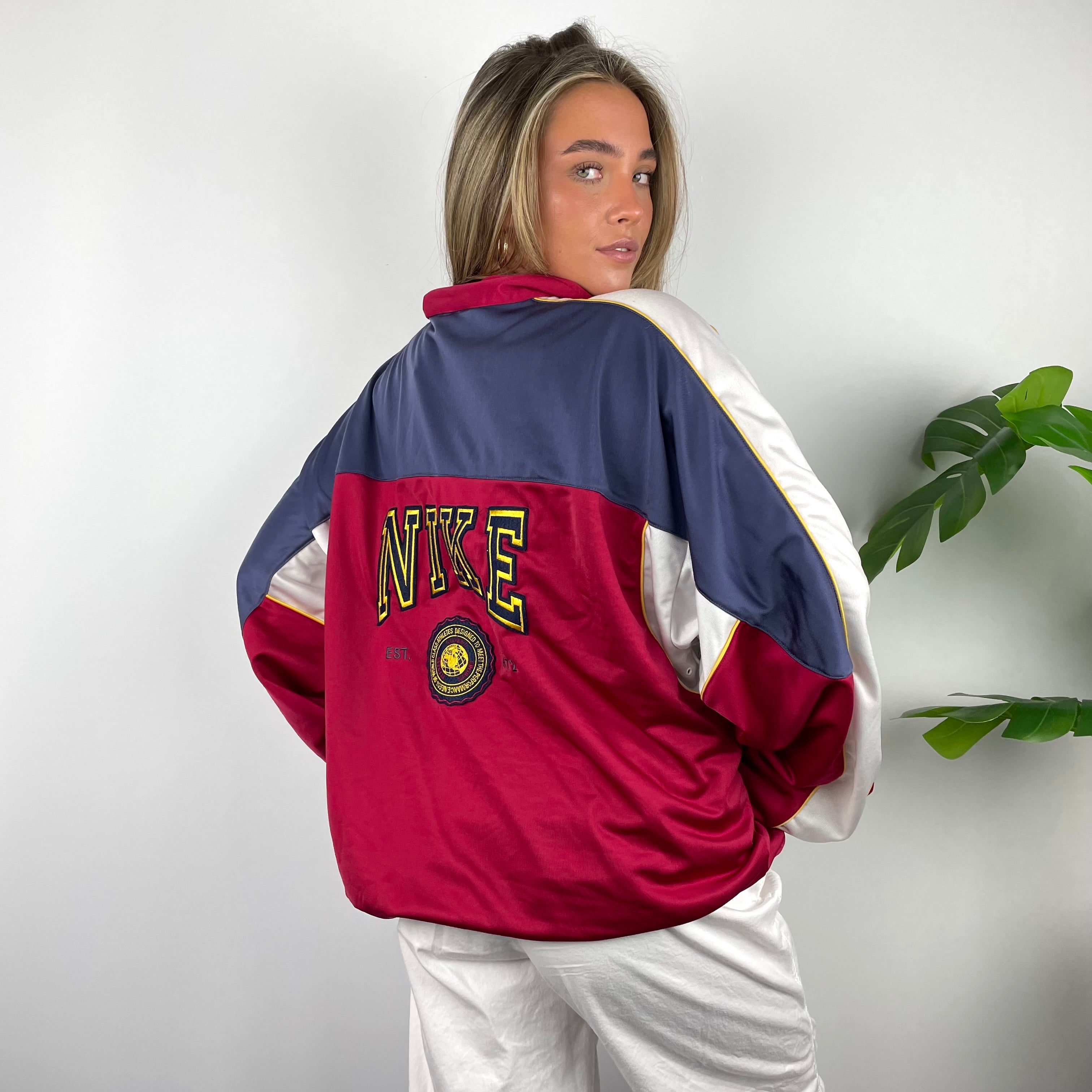 Nike RARE Red Embroidered Spell Out Zip Up Track Jacket (XL)