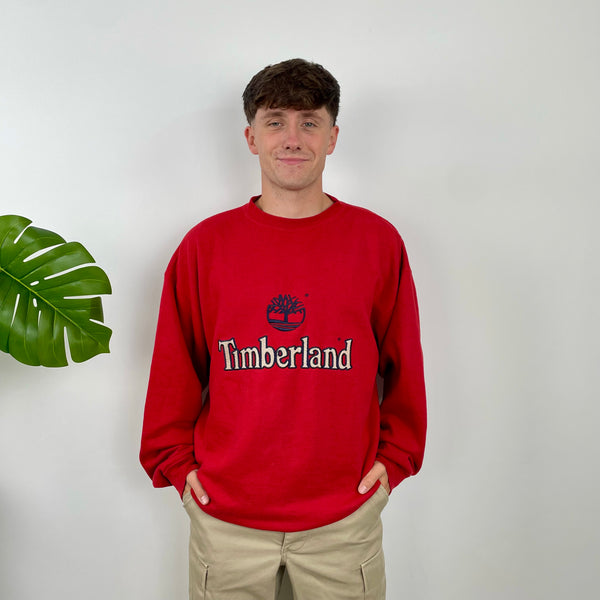 Timberland Red Embroidered Spell Out Sweatshirt (L)