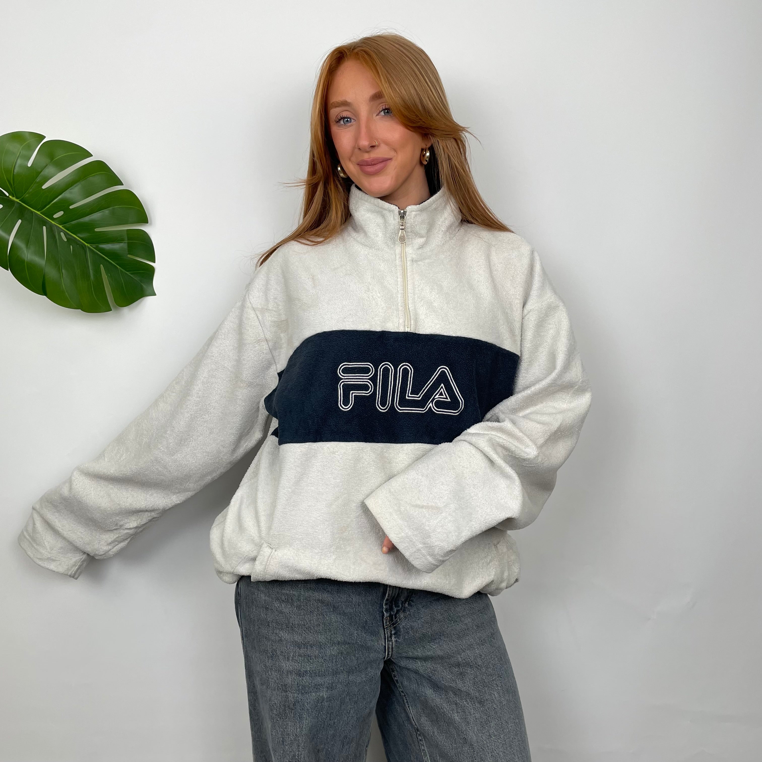 FILA White Embroidered Spell Out Teddy Bear Fleece Quarter Zip Sweatshirt (L)