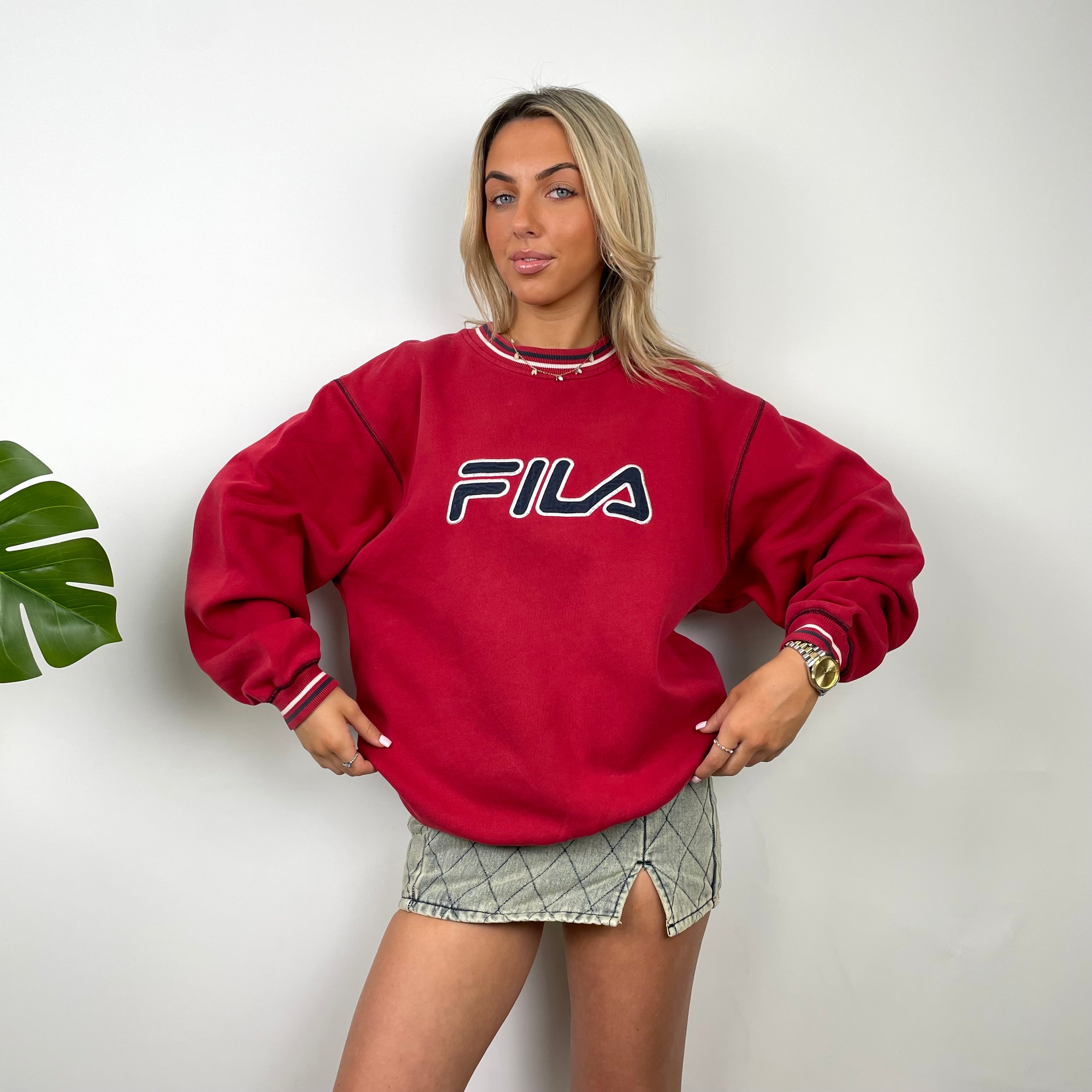 FILA Red Embroidered Spell Out Sweatshirt (L)