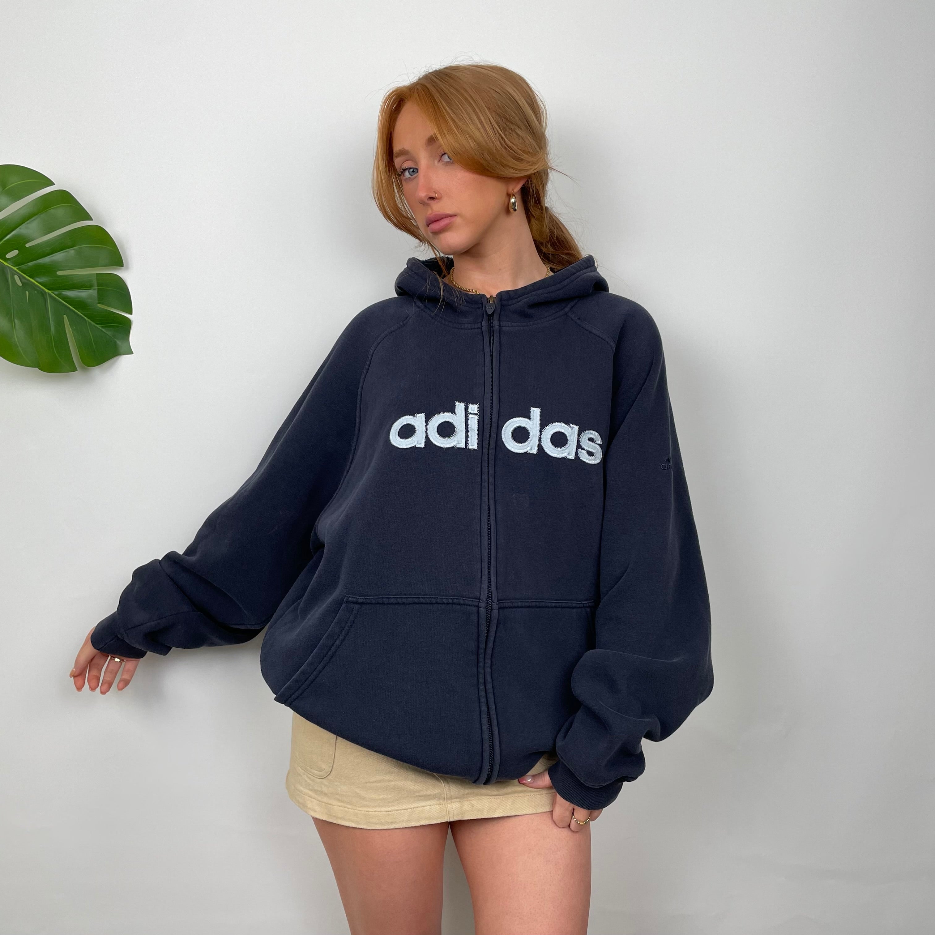 Adidas Navy Embroidered Spell Out Zip Up Hoodie Jacket (L)