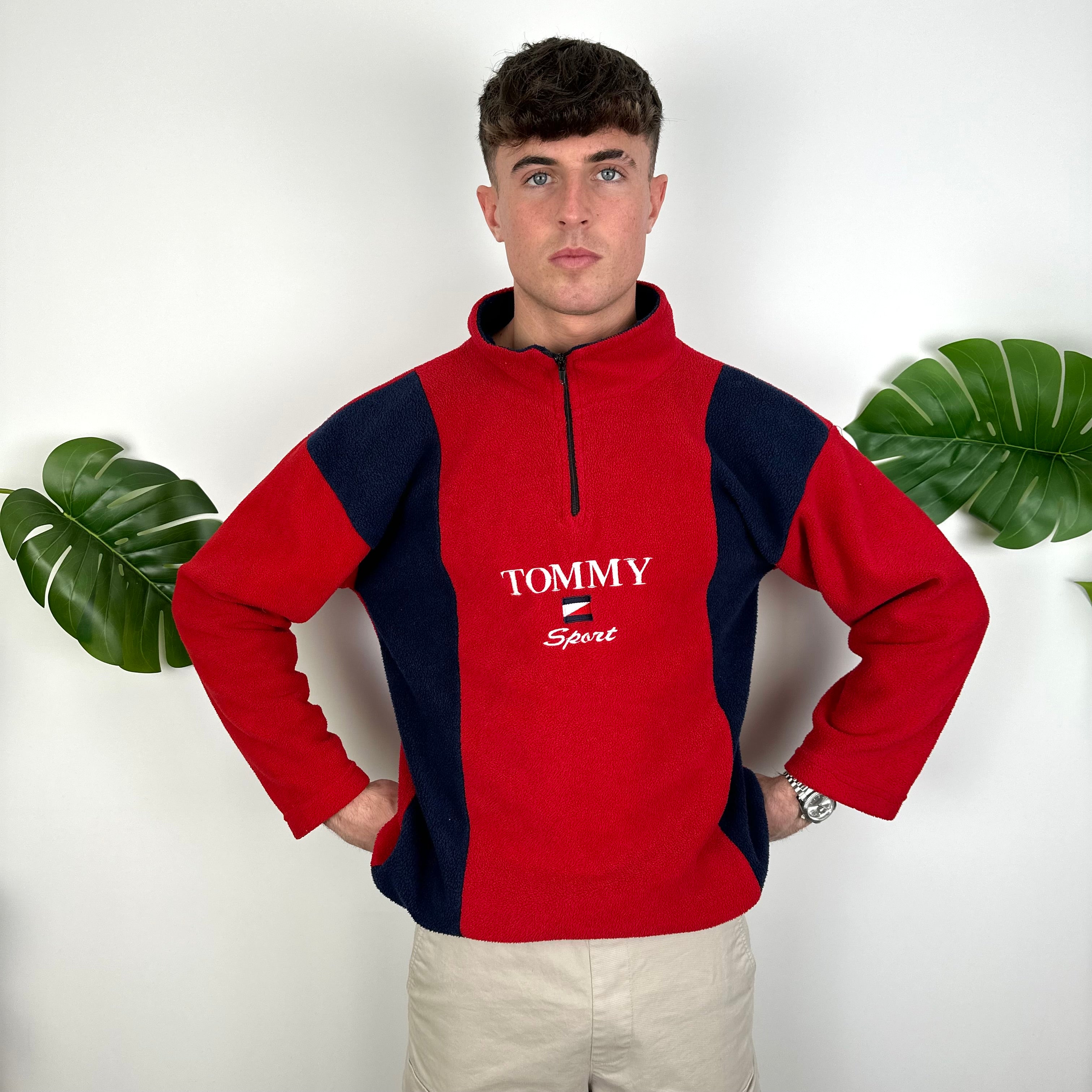 Tommy Hilfiger Red Embroidered Spell Out Teddy Bear Fleece Quarter Zip Sweatshirt (M)