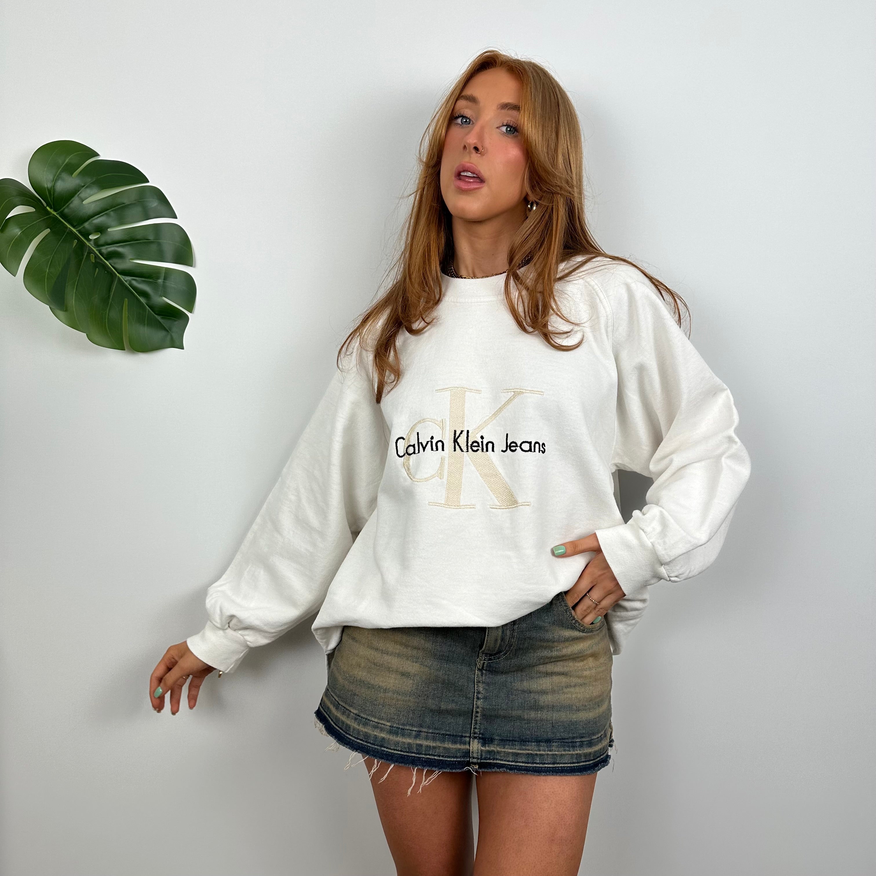 Calvin Klein RARE Cream Embroidered Spell Out Sweatshirt (M)