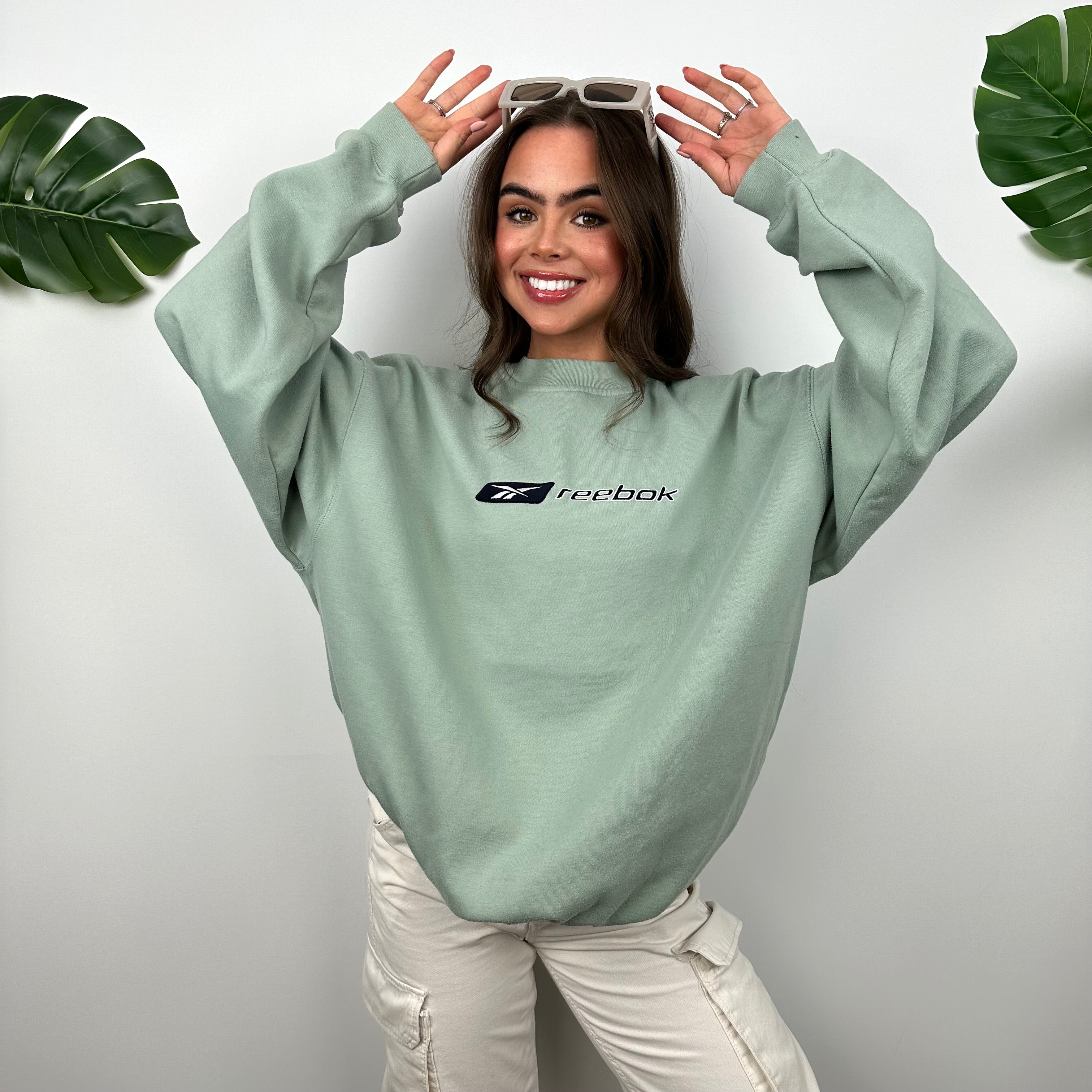 Reebok RARE Mint Green Embroidered Spell Out Sweatshirt (XL)