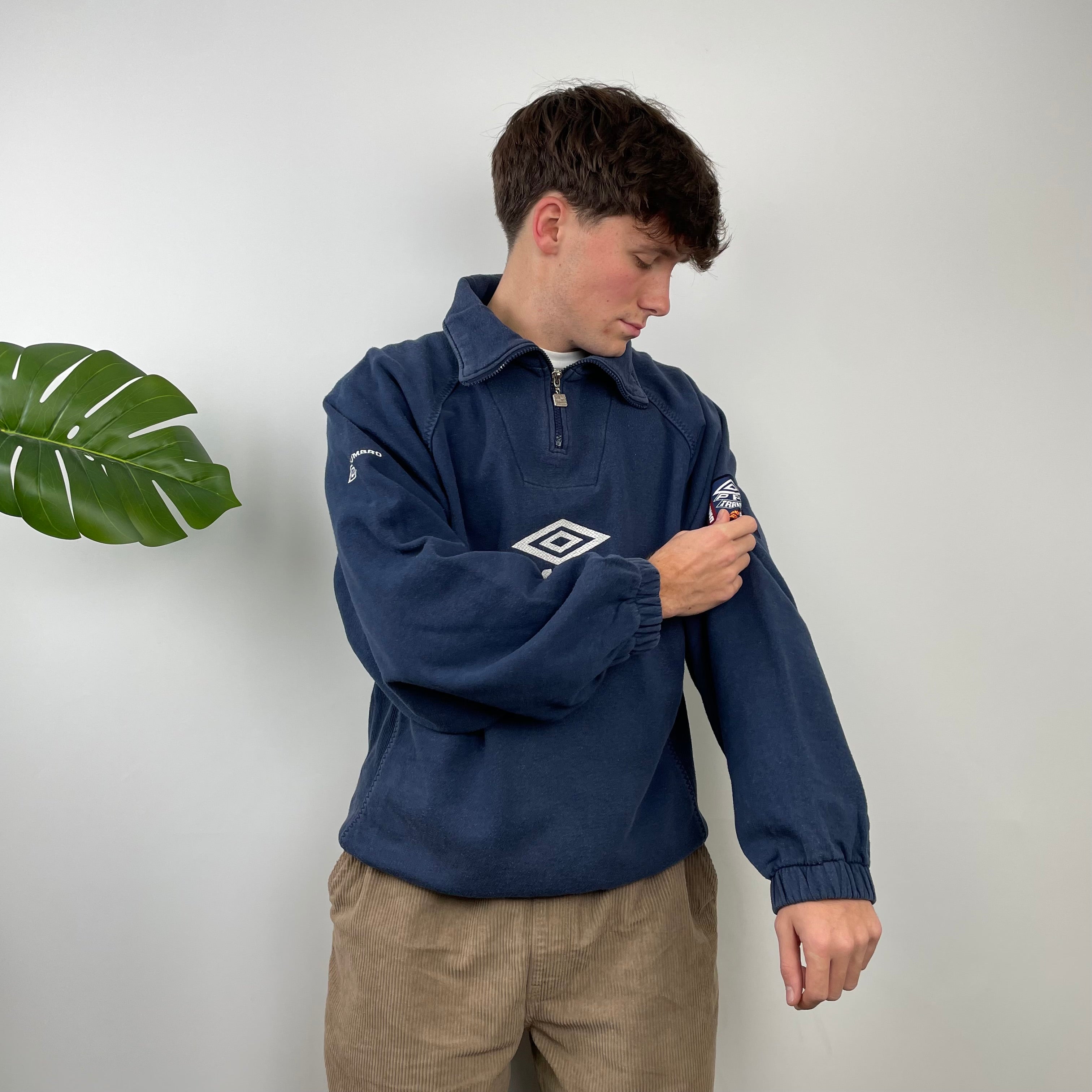 Umbro RARE Navy Embroidered Spell Out Quarter Zip Sweatshirt (L)