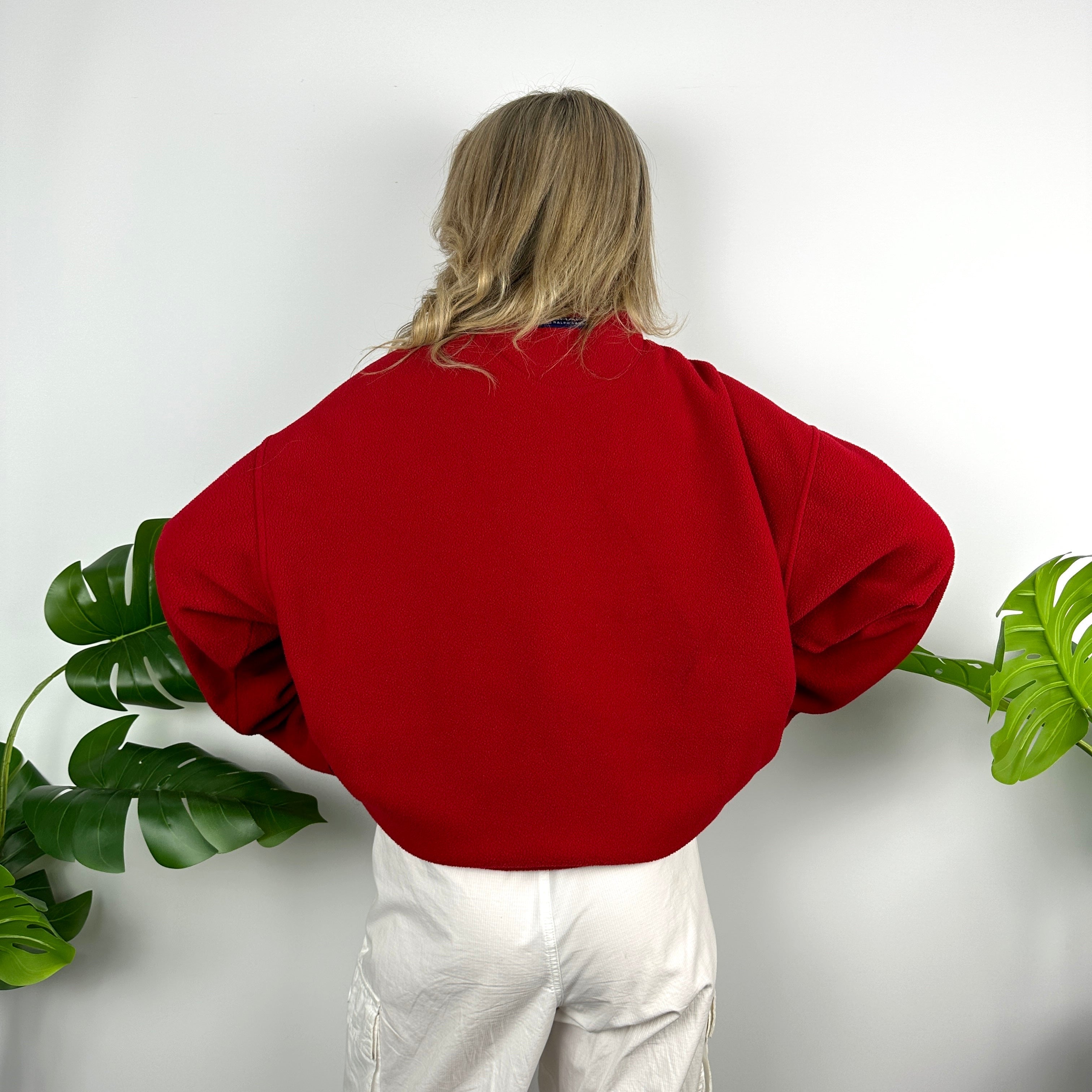 Chaps Ralph Lauren Red Embroidered Spell Out Teddy Bear Fleece Quarter Zip Sweatshirt (L)