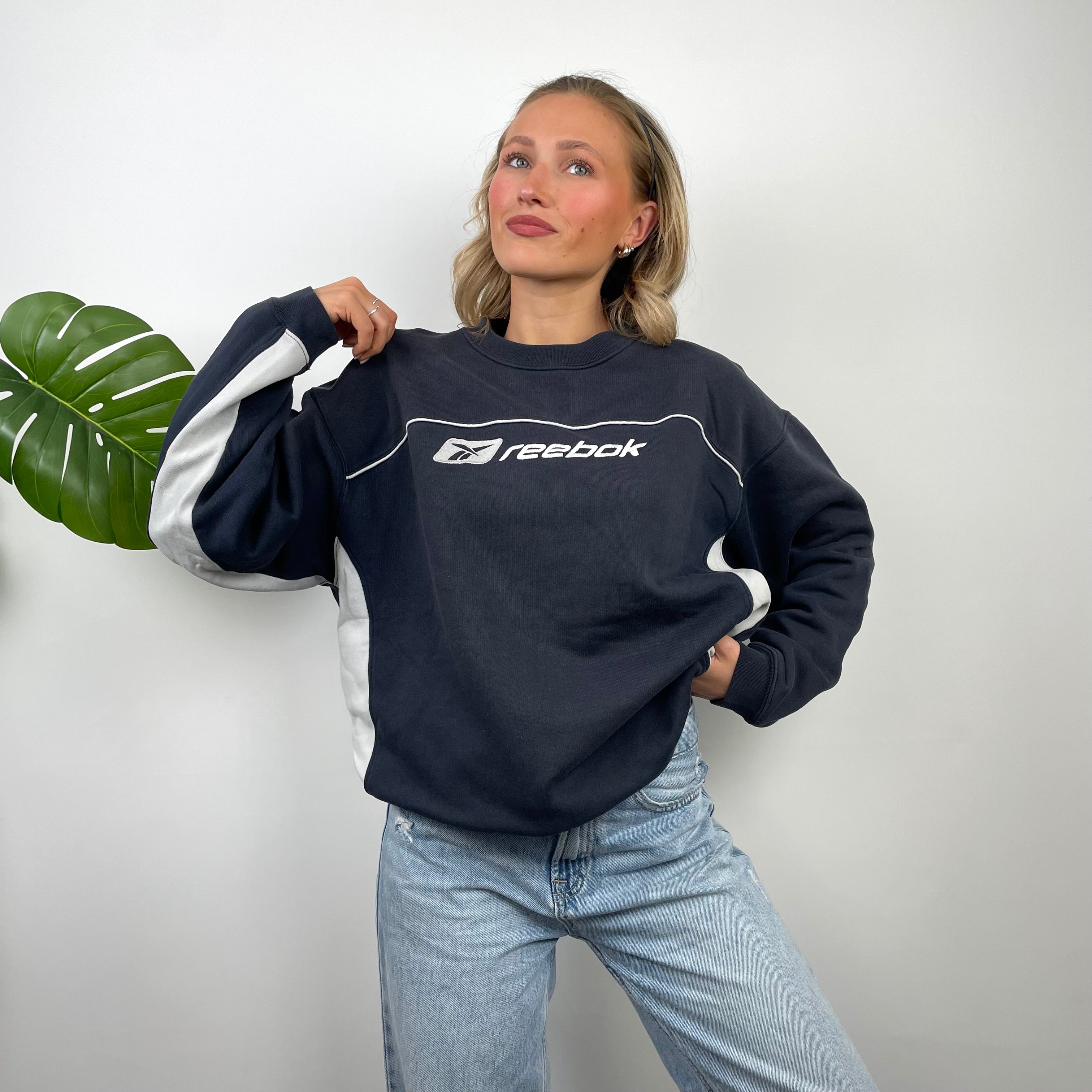 Reebok RARE Navy Embroidered Spell Out Sweatshirt (M)