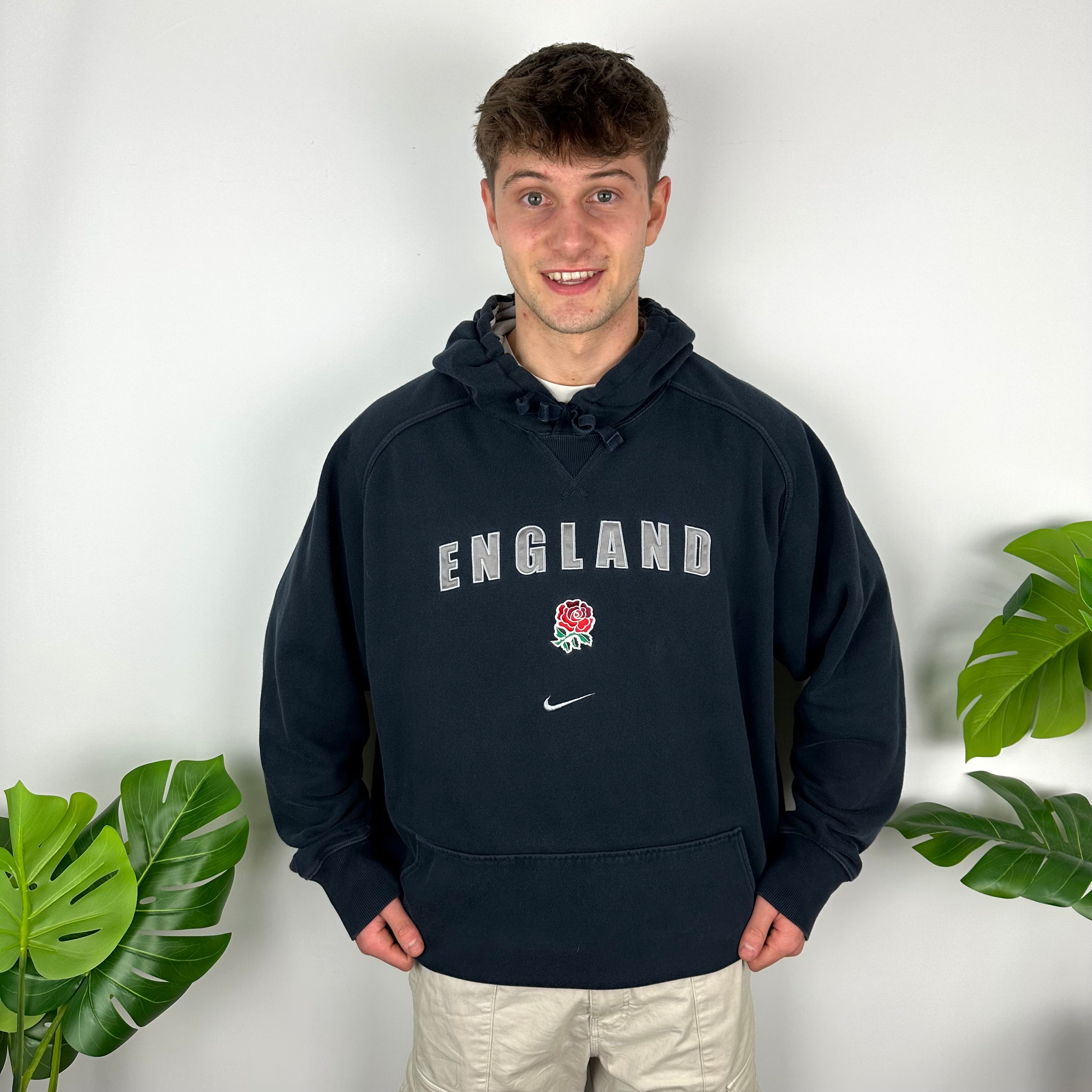 Nike X England National Rugby Team Navy Embroidered Spell Out Hoodie (XXL)