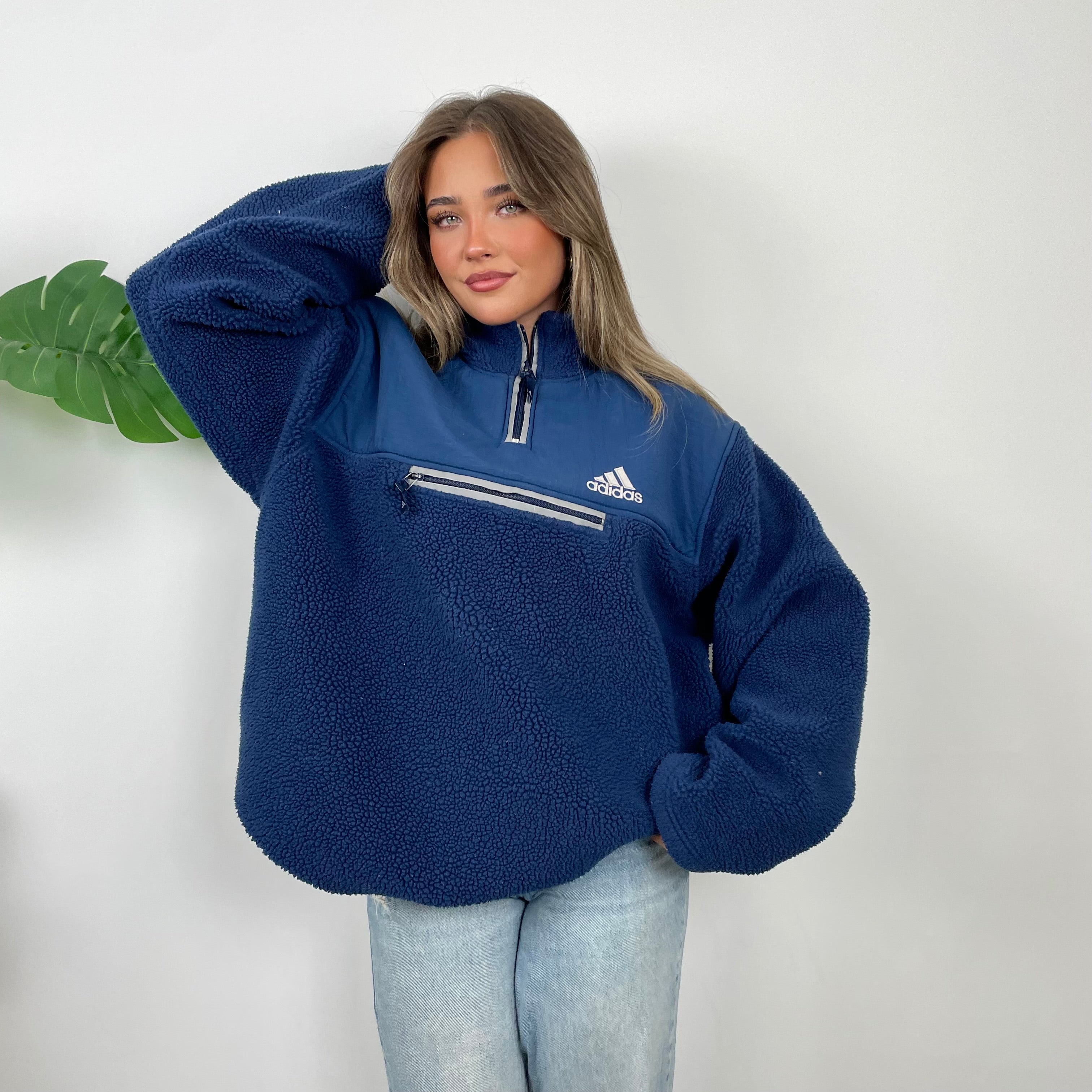 Adidas Navy Embroidered Spell Out Teddy Bear Sherpa Fleece Quarter Zip Sweatshirt (XL)