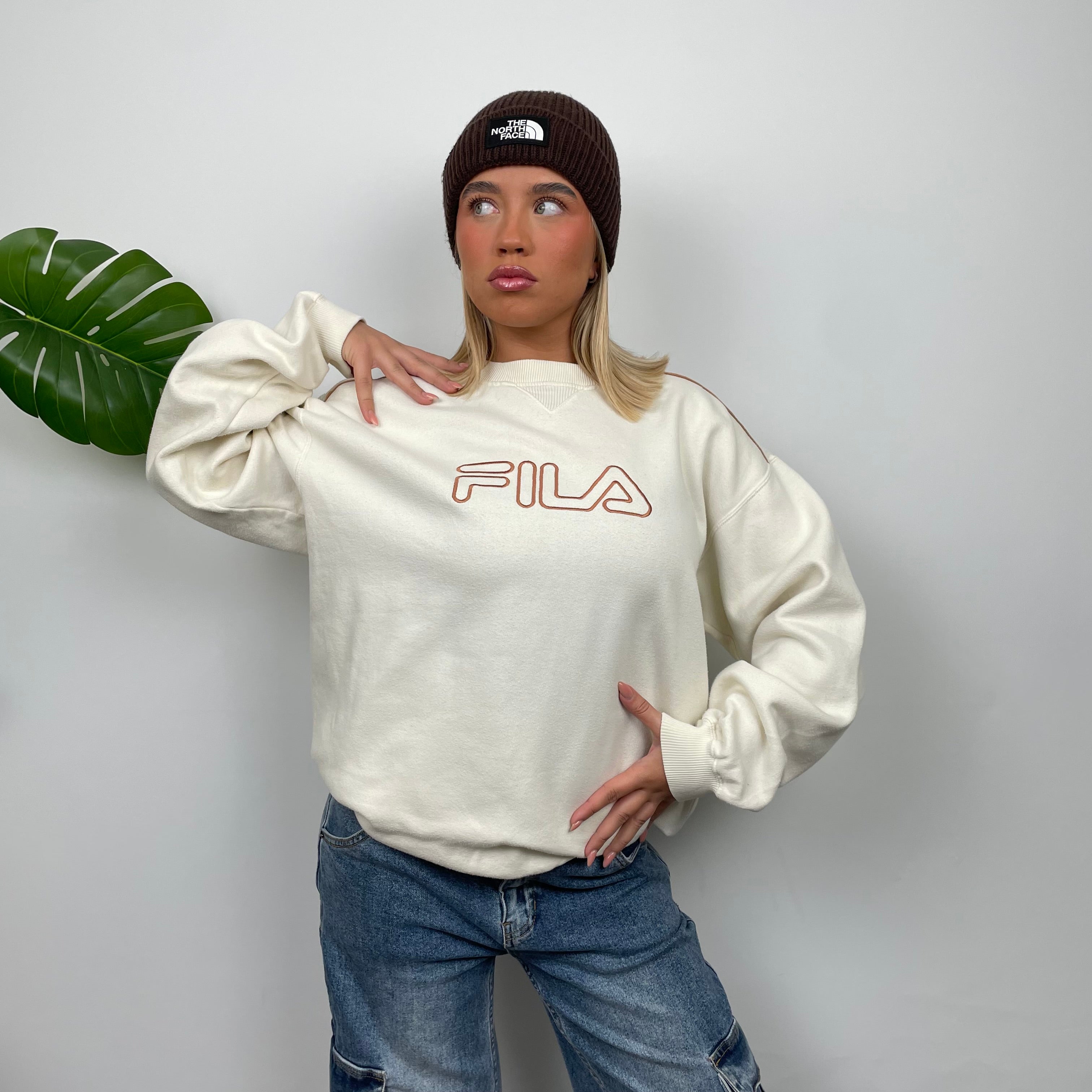 FILA Cream Embroidered Spell Out Sweatshirt (L)