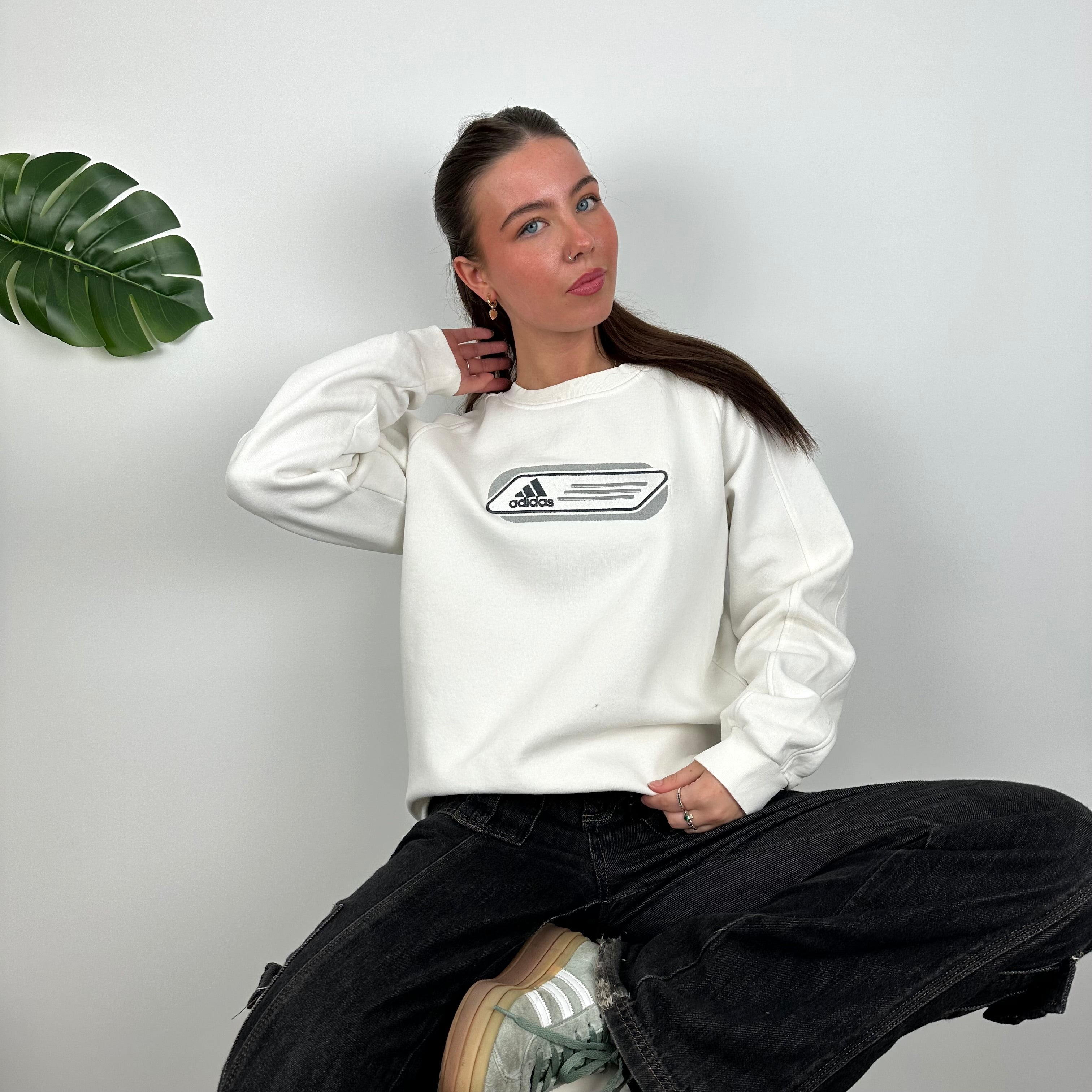 Adidas White Embroidered Spell Out Sweatshirt (M)