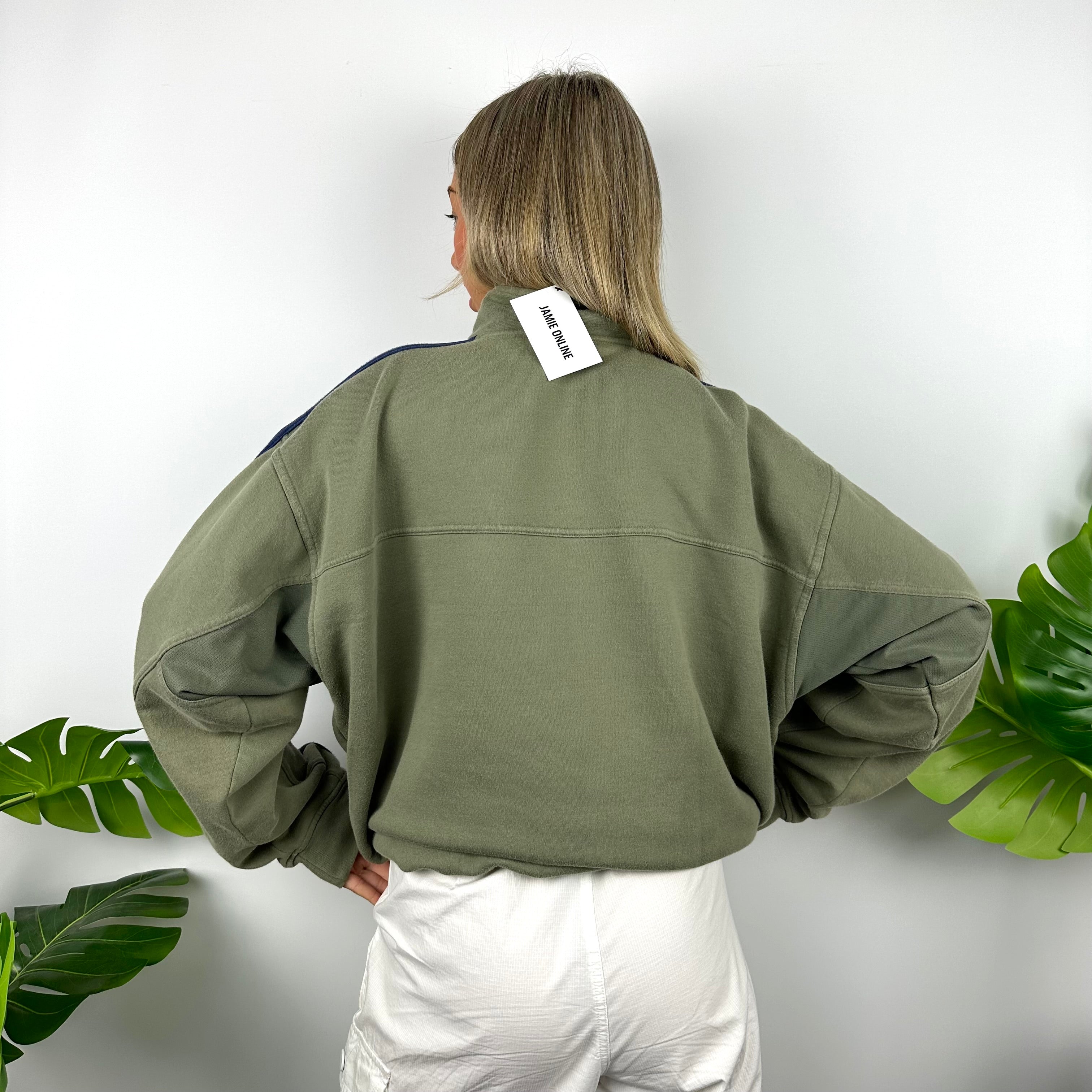 Adidas Khaki Green Embroidered Spell Out Quarter Zip Sweatshirt (XL)