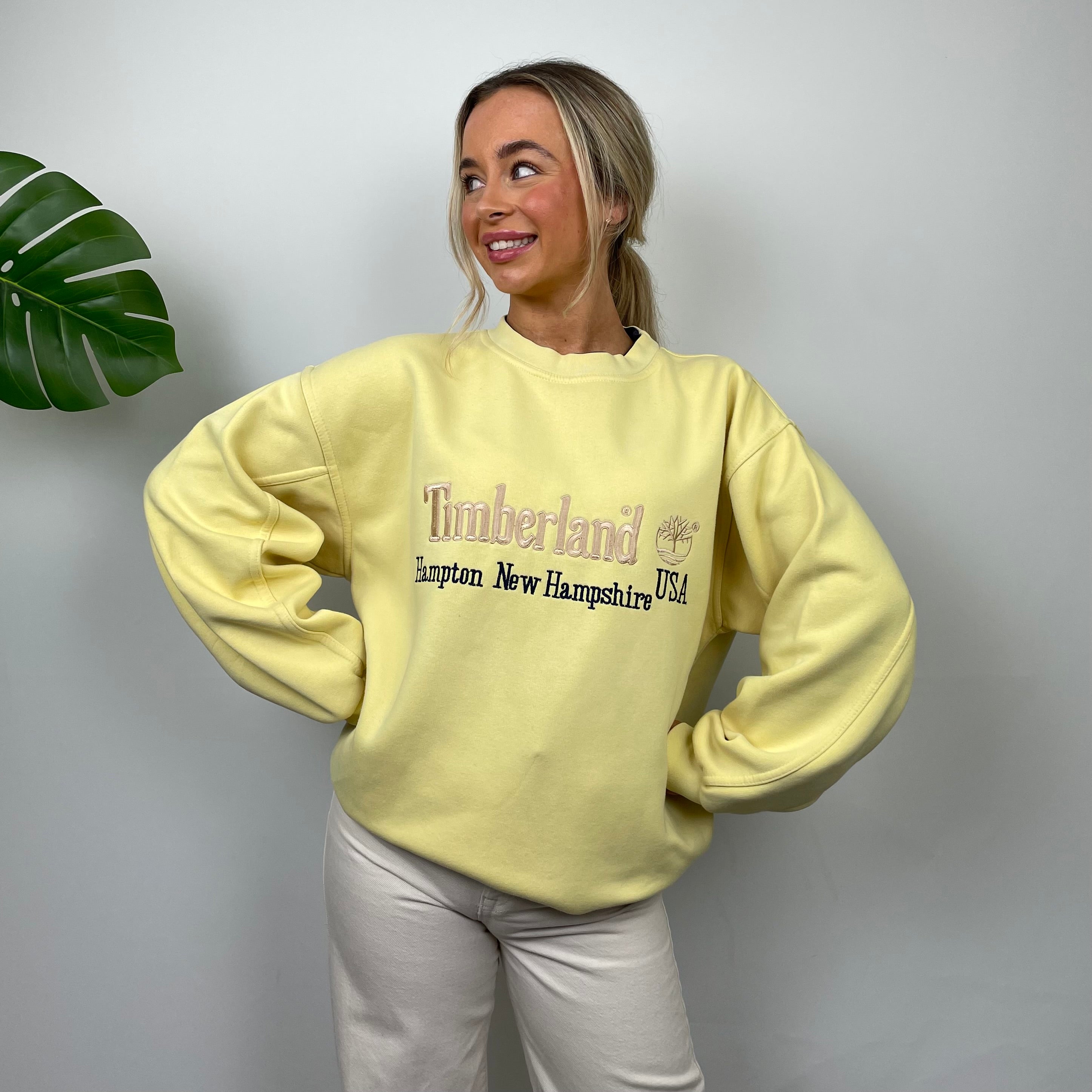 Timberland RARE Pastel Yellow Embroidered Spell Out Sweatshirt (XL)