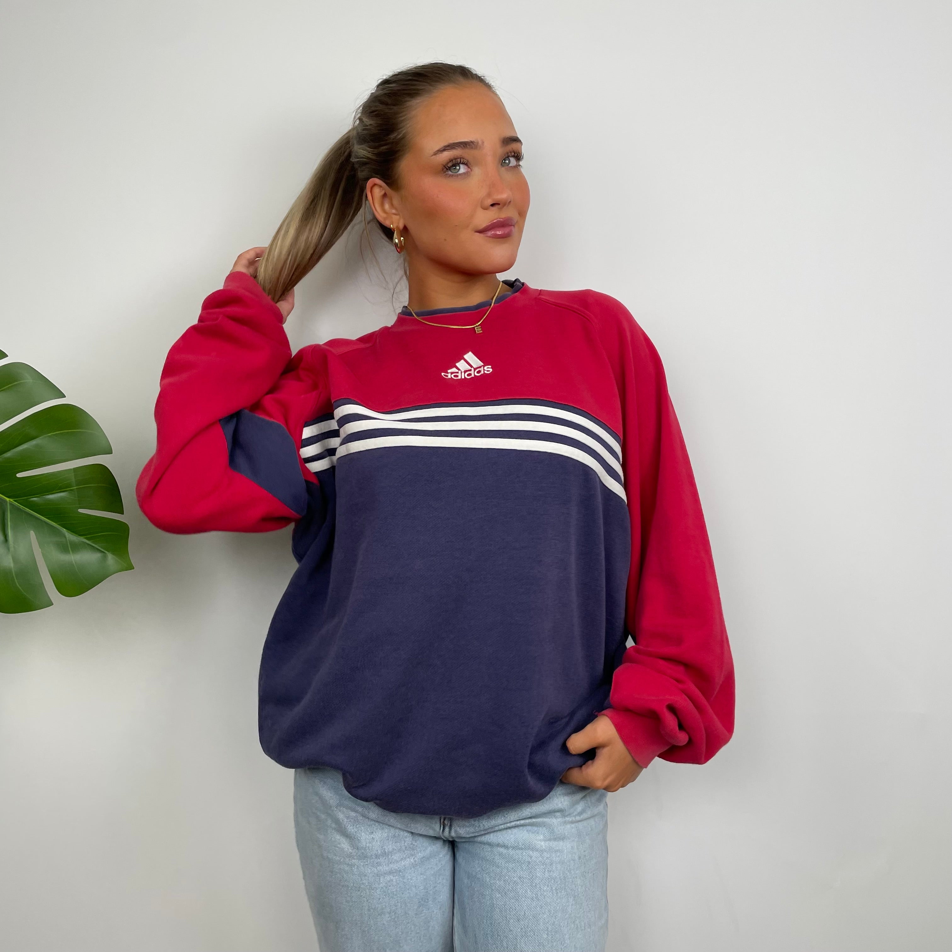 Adidas Red & Navy Embroidered Spell Out Sweatshirt (XL)