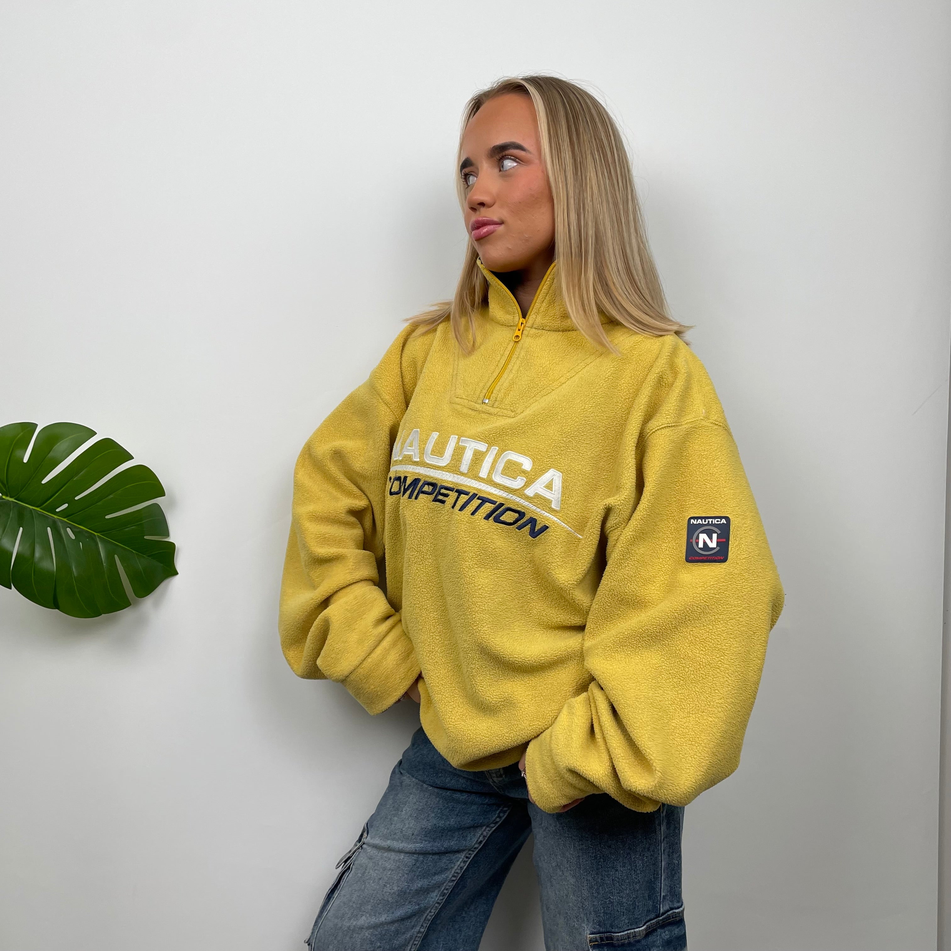 Nautica Yellow Embroidered Spell Out Teddy Bear Fleece Quarter Zip Sweatshirt (XL)