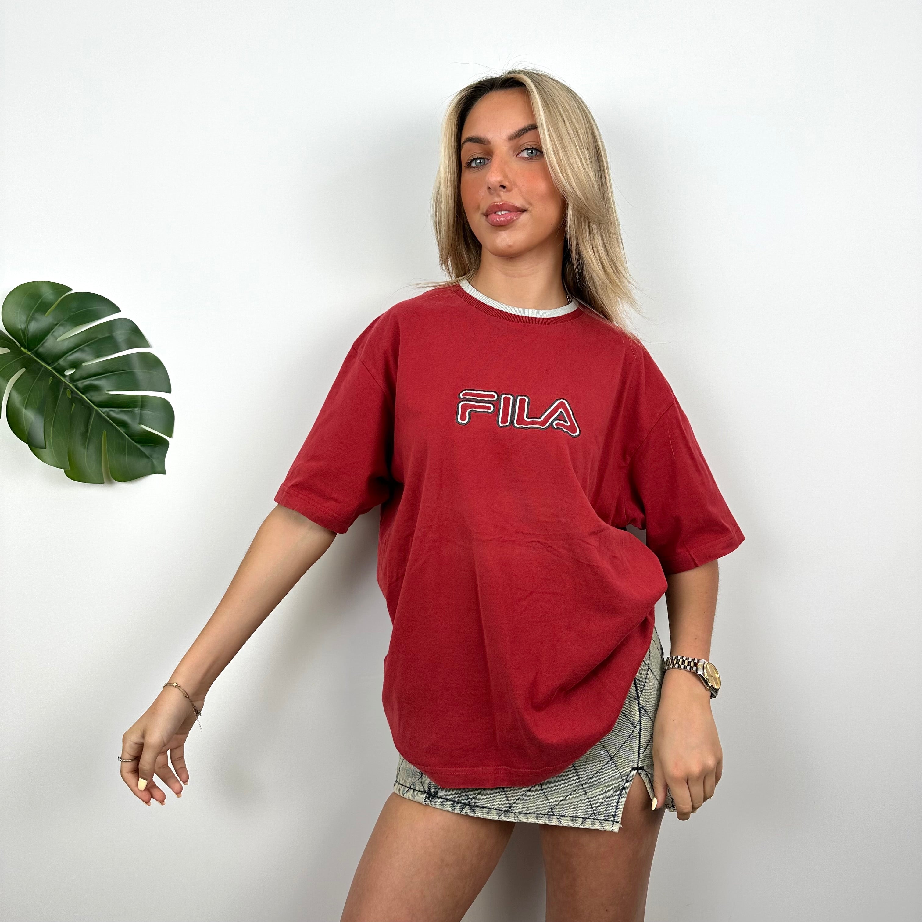 FILA Red Embroidered Spell Out T Shirt (M)