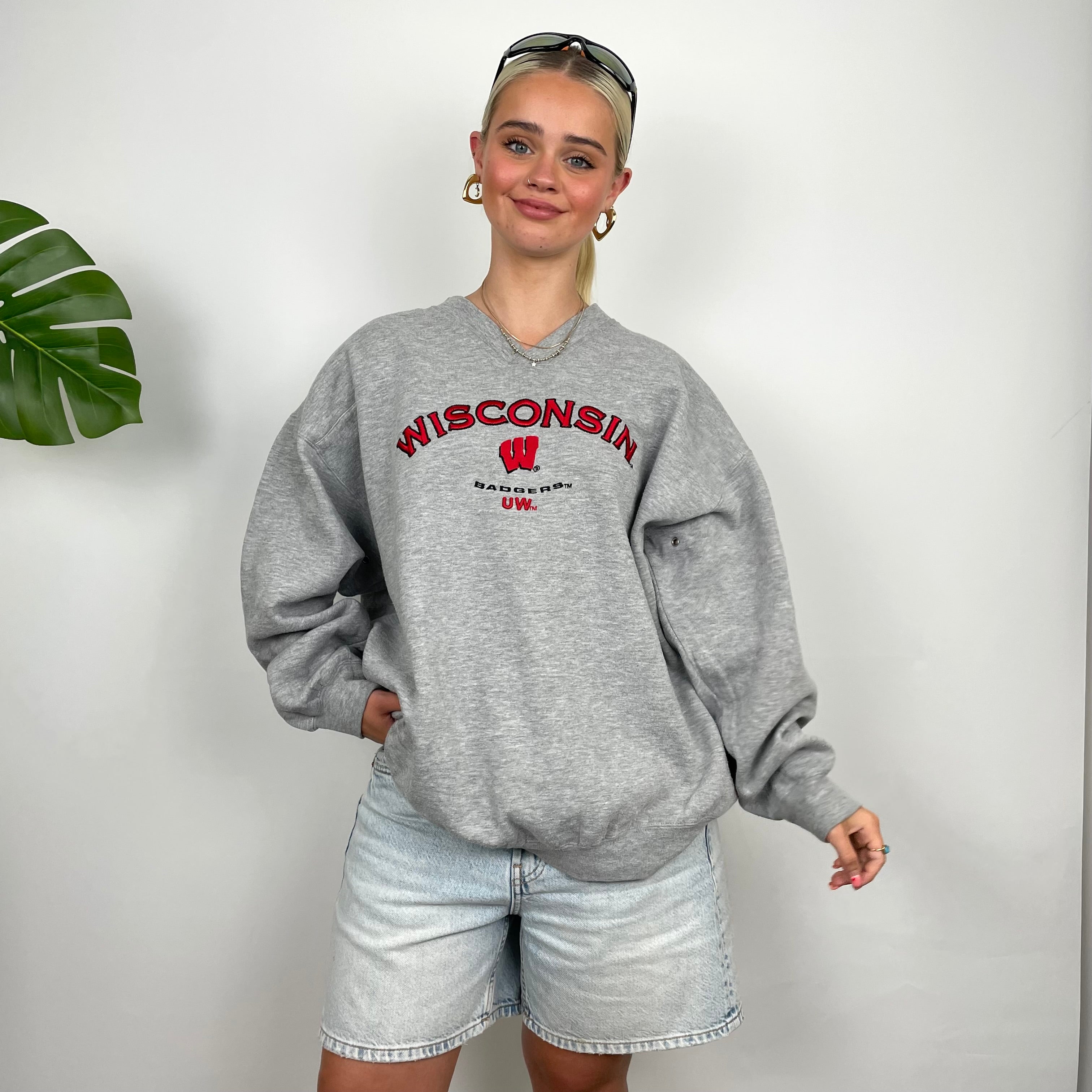 Wisconsin Badgers USA College Grey Embroidered Spell Out Sweatshirt (M)