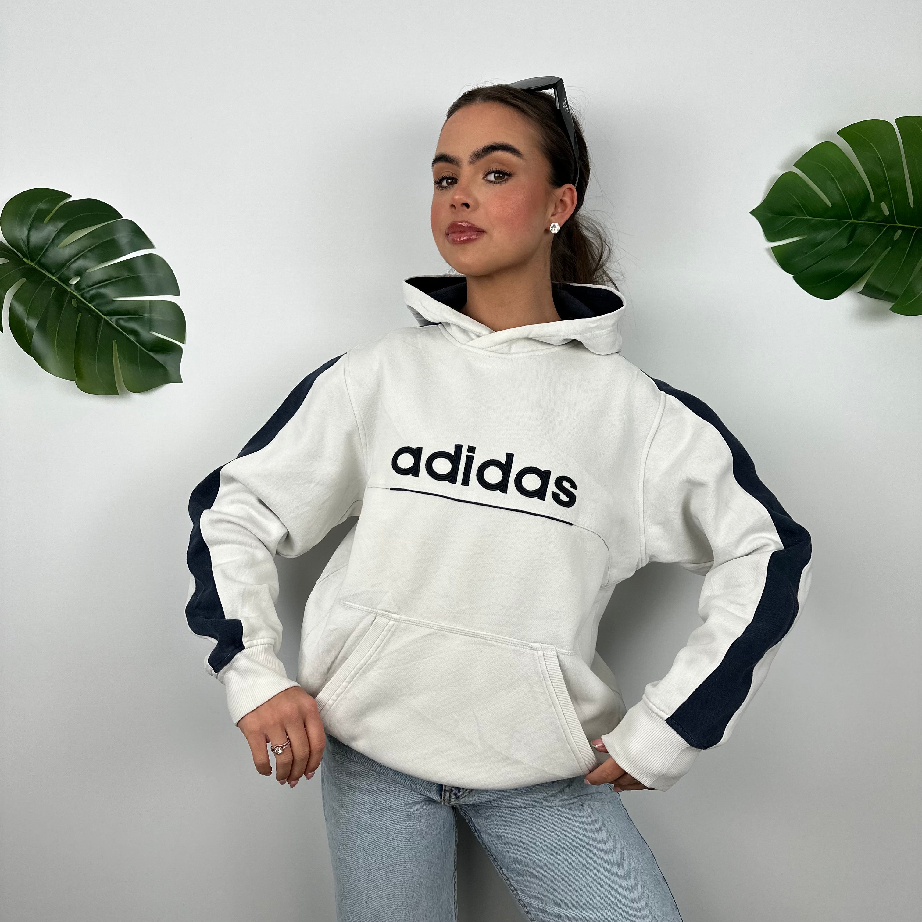 Adidas White Embroidered Spell Out Hoodie (M)