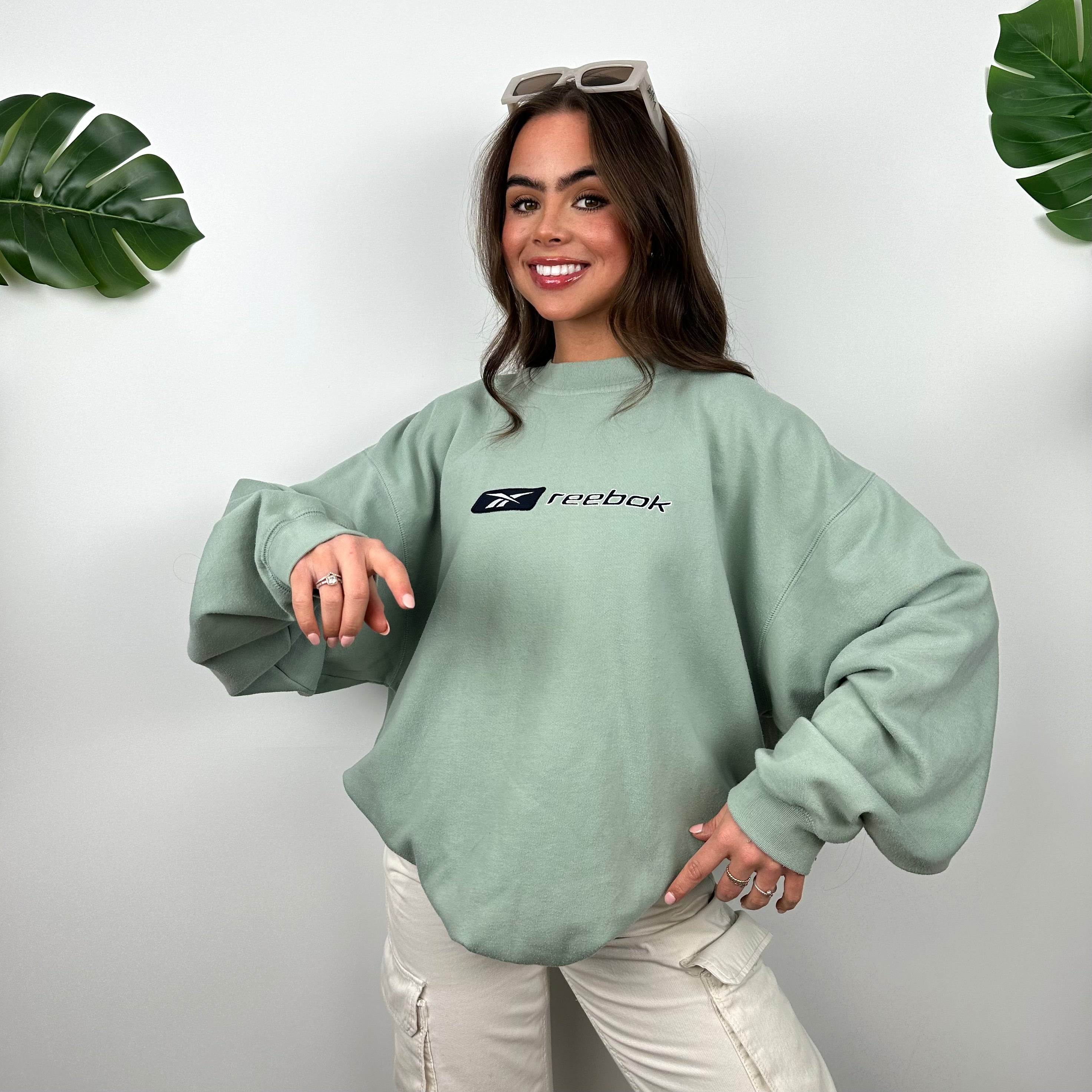 Reebok RARE Mint Green Embroidered Spell Out Sweatshirt (XL)