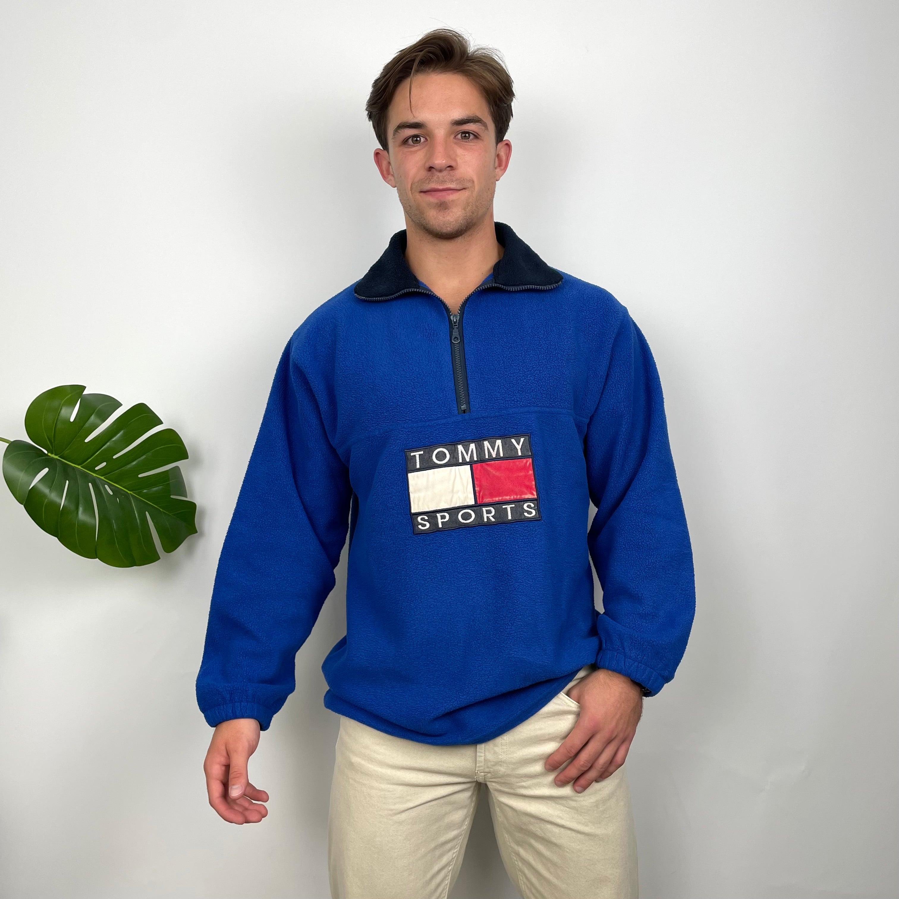 Tommy Hilfiger Blue Embroidered Spell Out Teddy Bear Fleece Quarter Zip Sweatshirt (L)