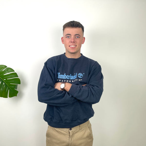 Timberland RARE Blue Embroidered Spell Out Sweatshirt (M)