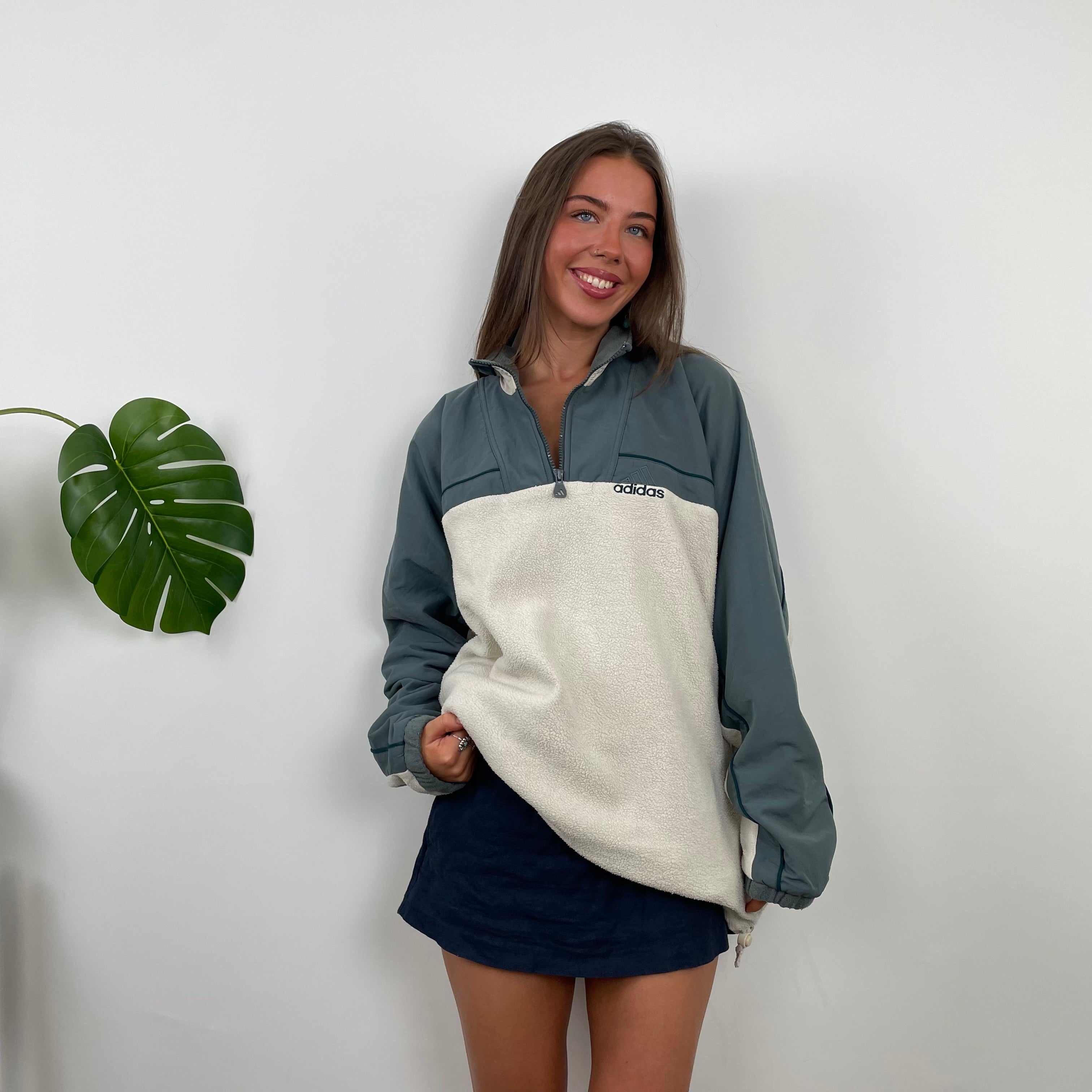 Adidas RARE Cream Embroidered Spell Out Teddy Bear Fleece Quarter Zip Sweatshirt (XL)