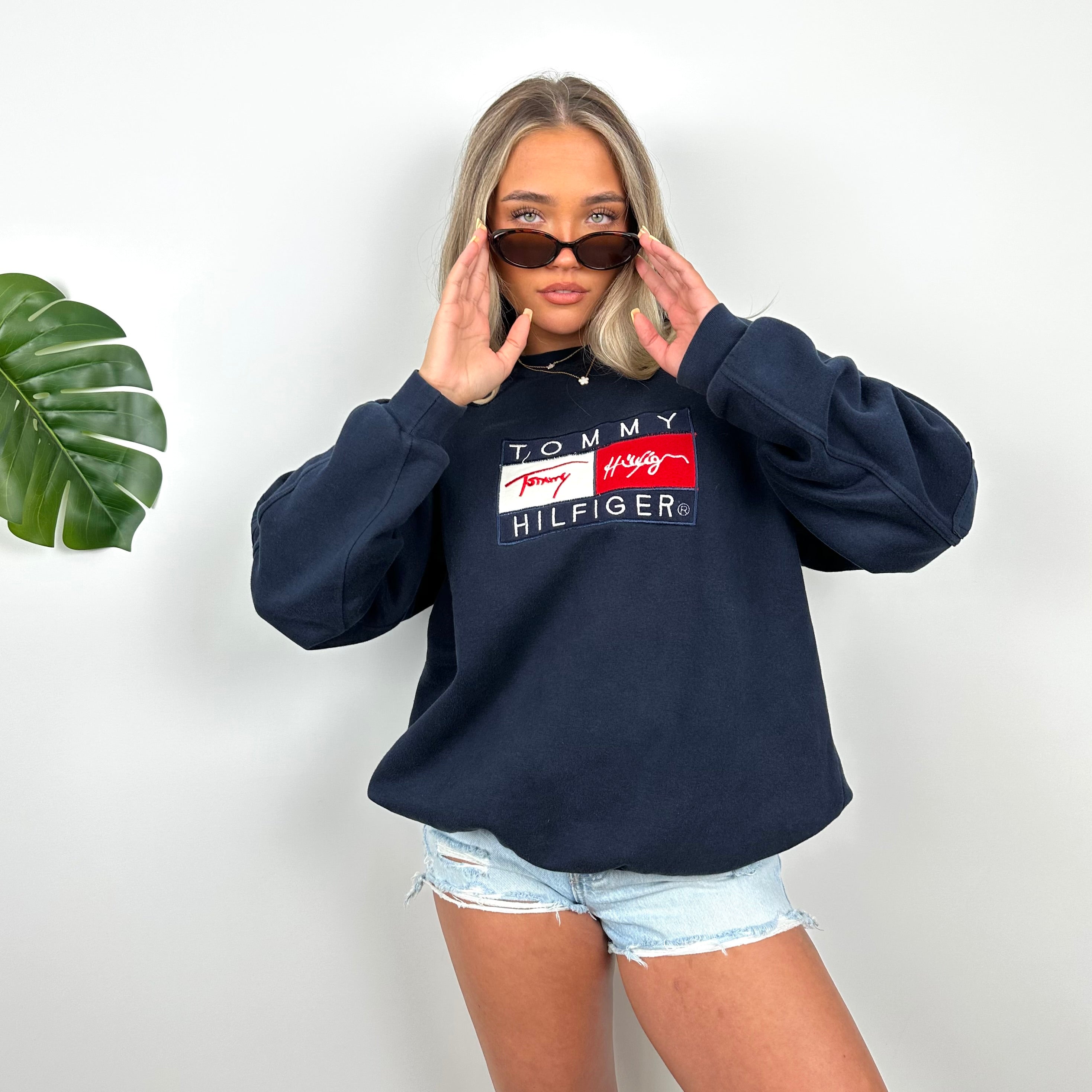 Tommy Hilfiger RARE Navy Embroidered Spell Out Sweatshirt (L)