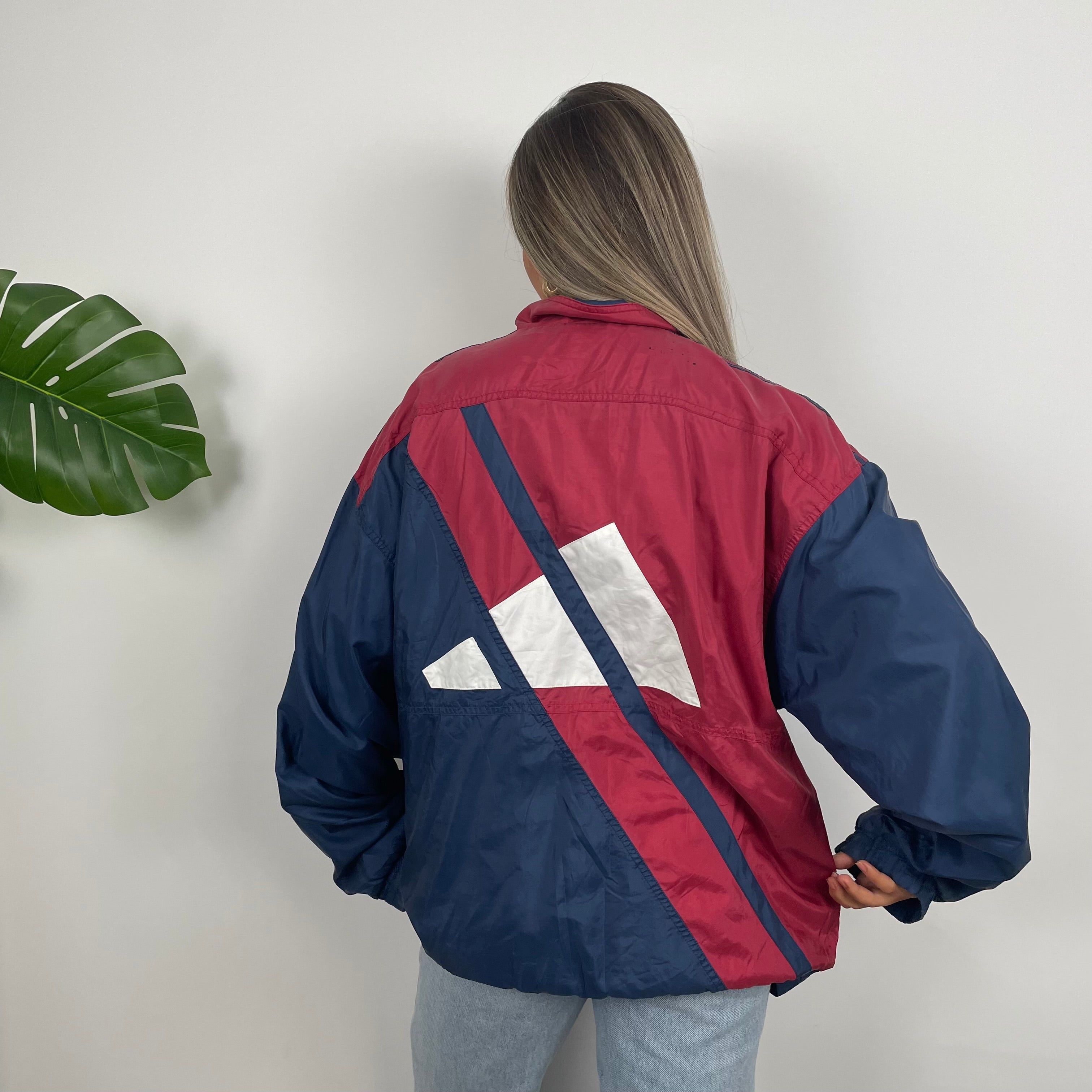 Adidas Navy & Red Colour Block Embroidered Spell Out Windbreaker Jacket (XL)