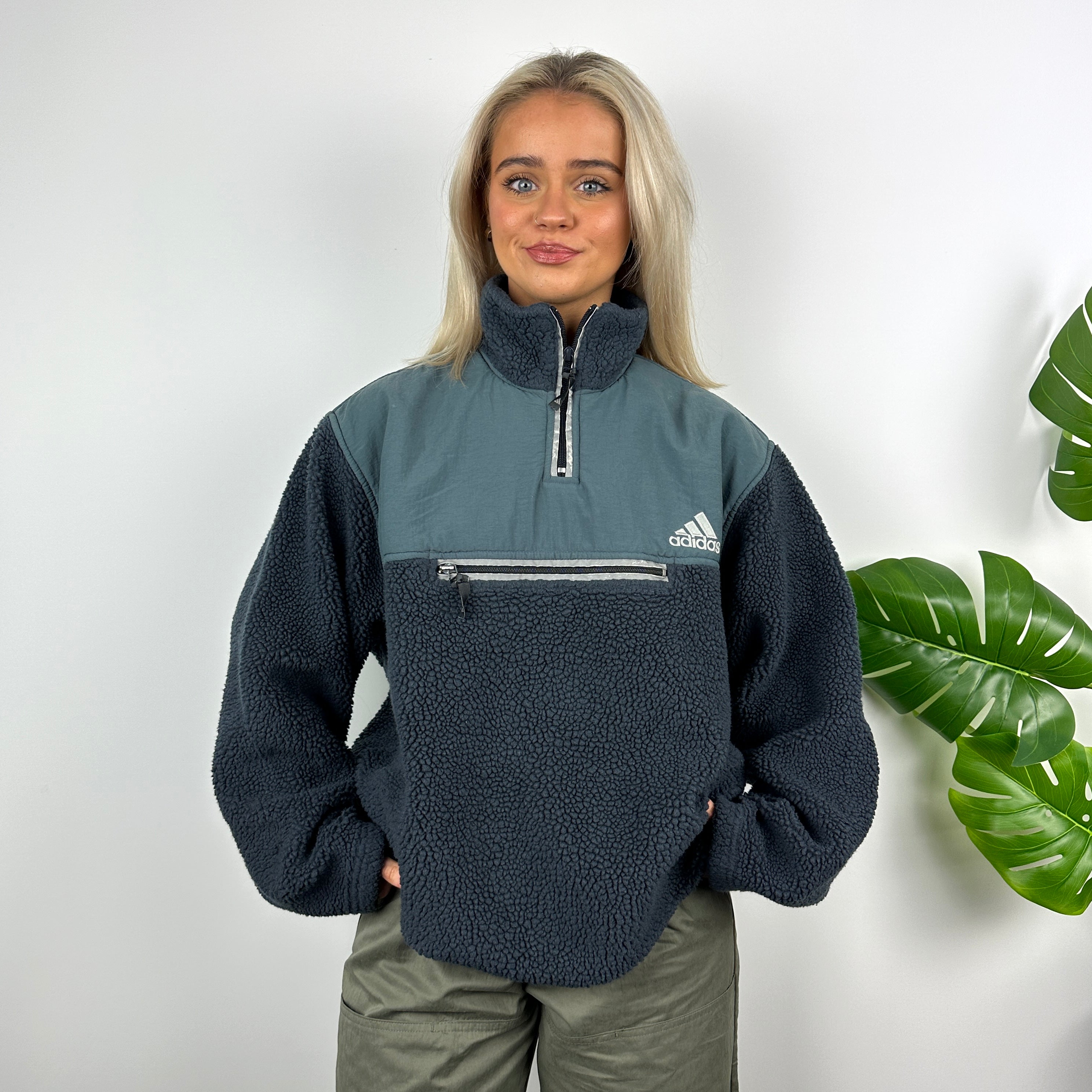 Adidas Blue Embroidered Spell Out Teddy Bear Sherpa Fleece Quarter Zip Sweatshirt (M)