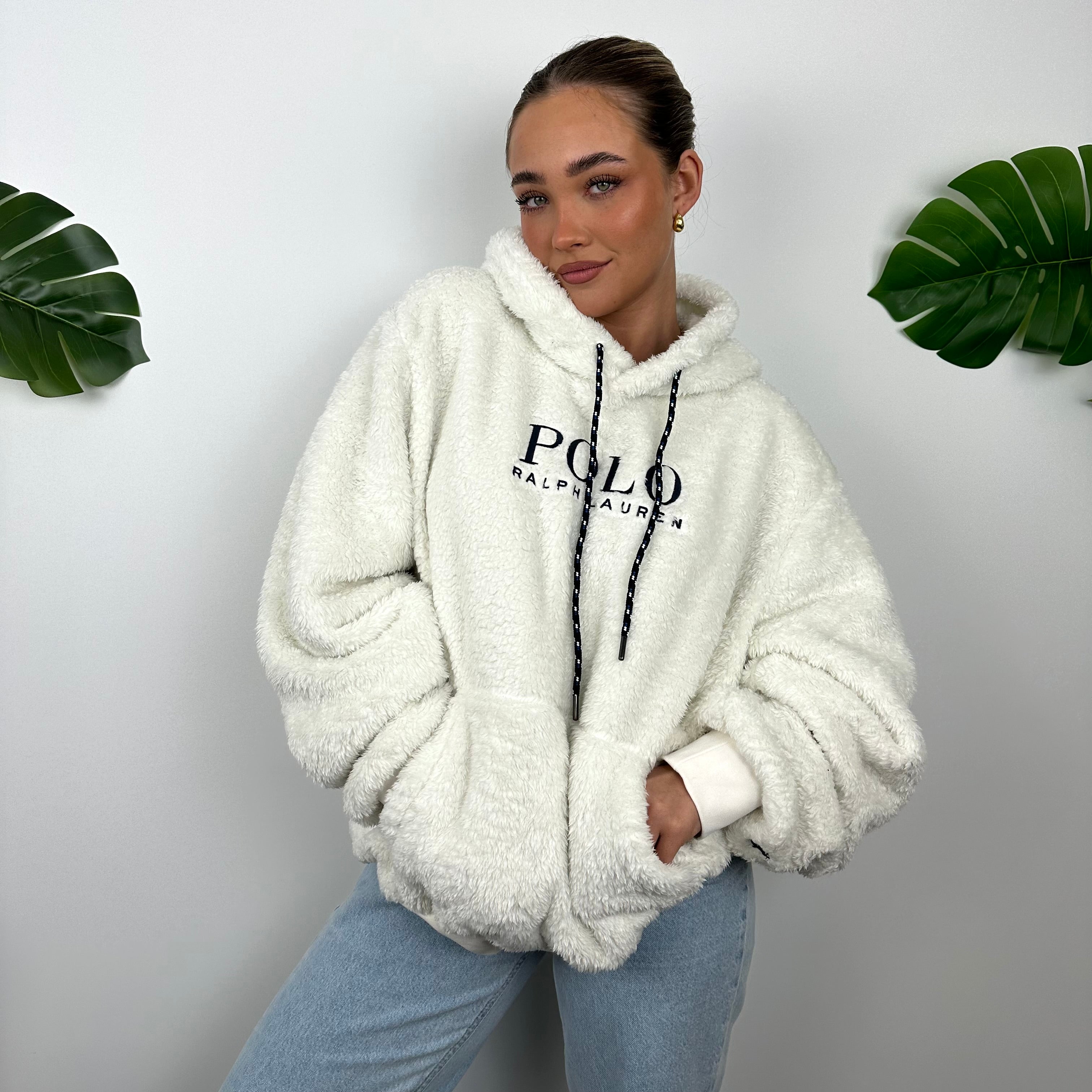 Polo Ralph Lauren White Embroidered Spell Out Teddy Bear Fleece Hoodie as worn by Danielle Collins (L)