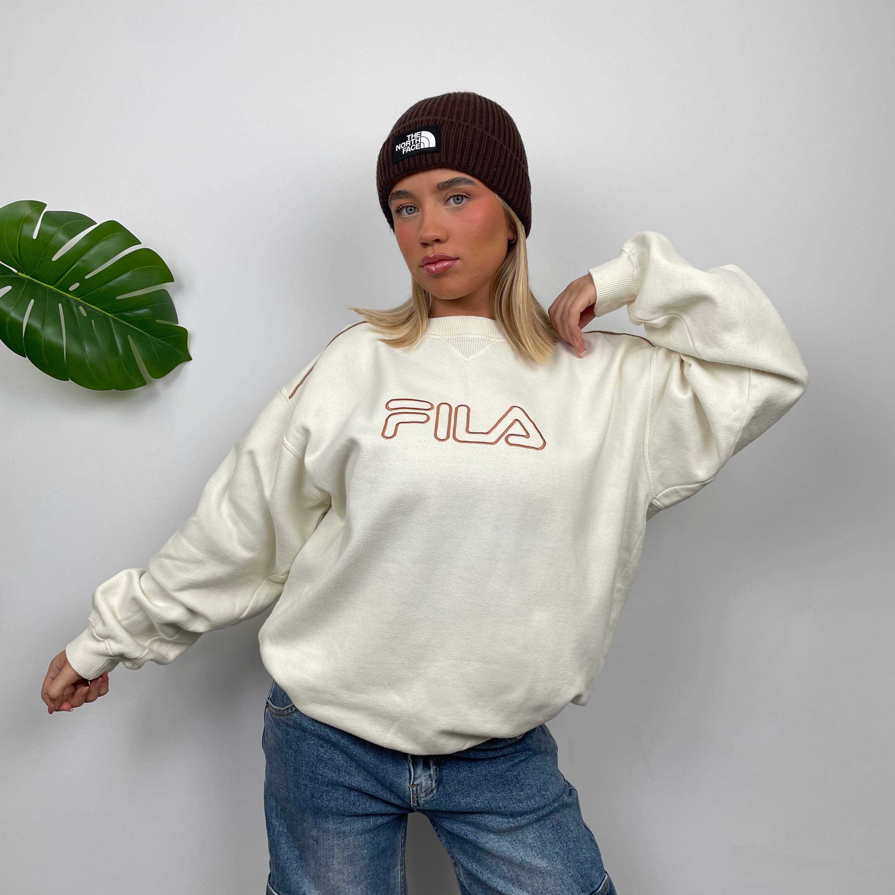 FILA Cream Embroidered Spell Out Sweatshirt (L)