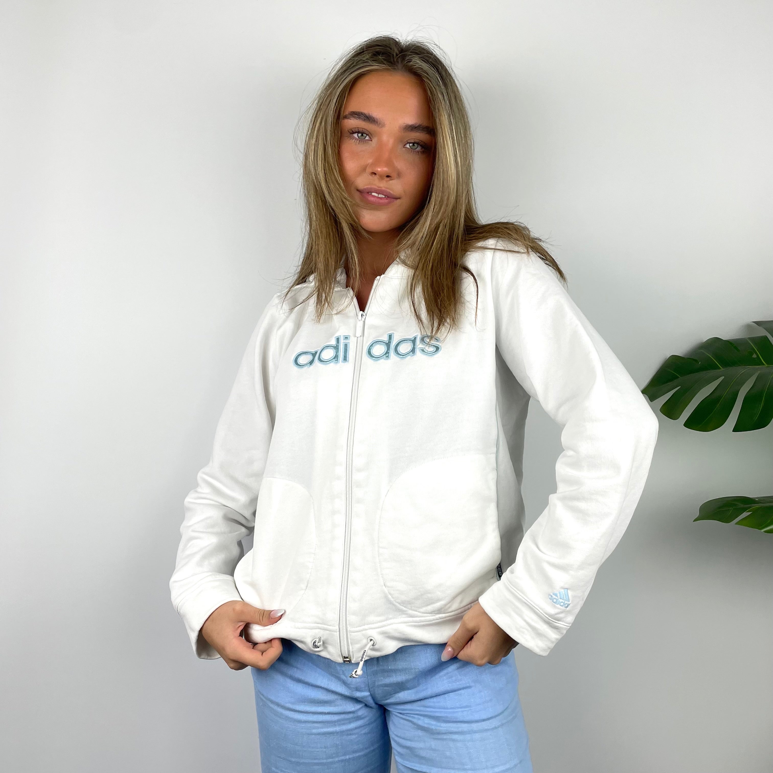 Adidas RARE White Embroidered Spell Out Zip Up Hoodie Jacket (XS)