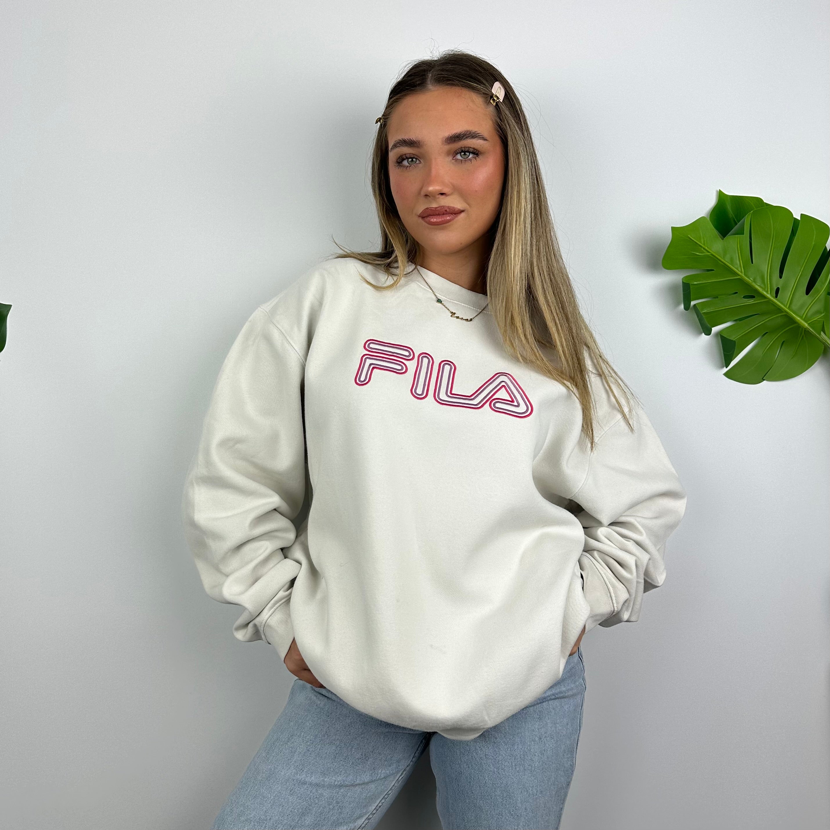 FILA RARE White Embroidered Spell Out Sweatshirt (XL)