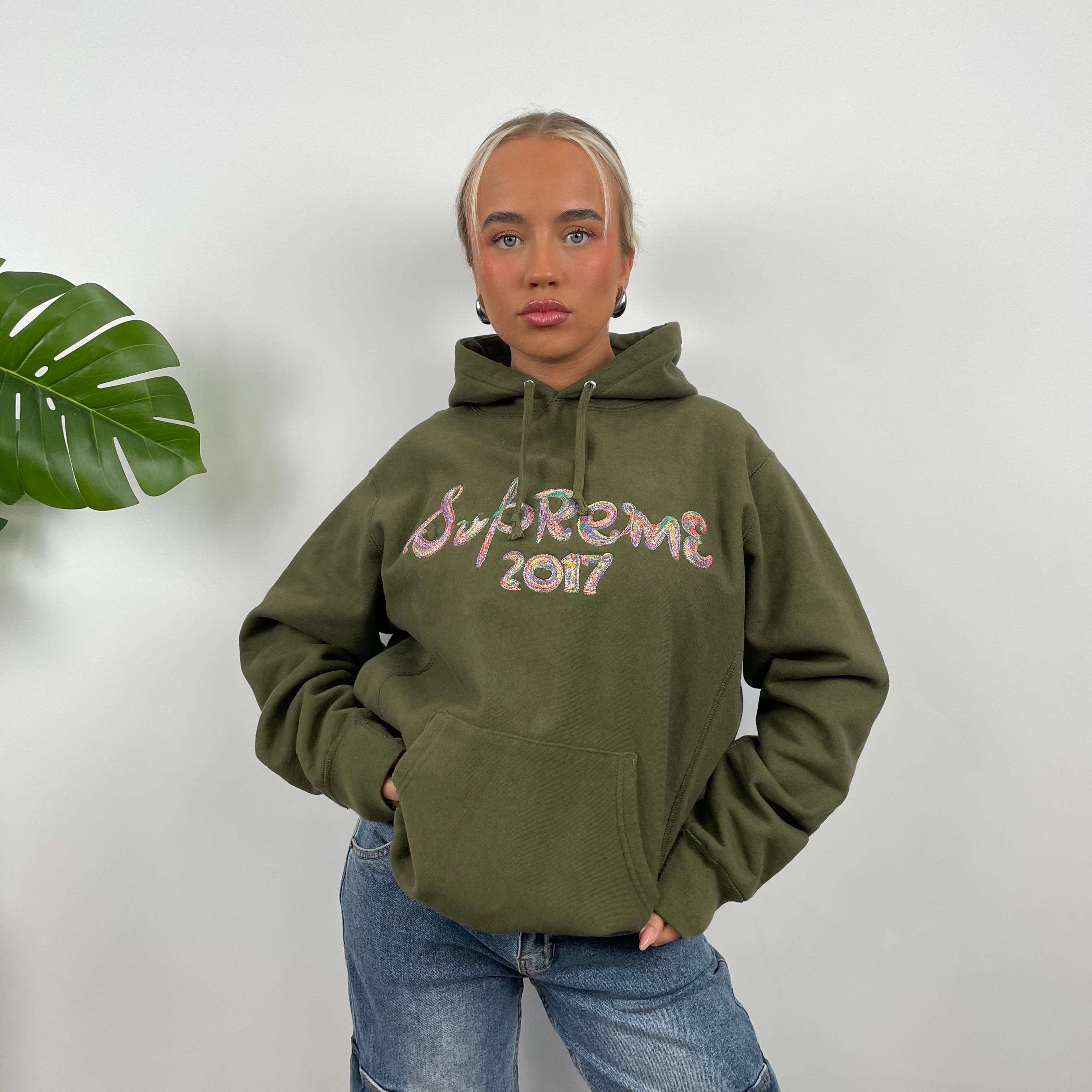 Supreme 2017 Khaki Green Brush Logo Embroidered Spell Out Hoodie (L)