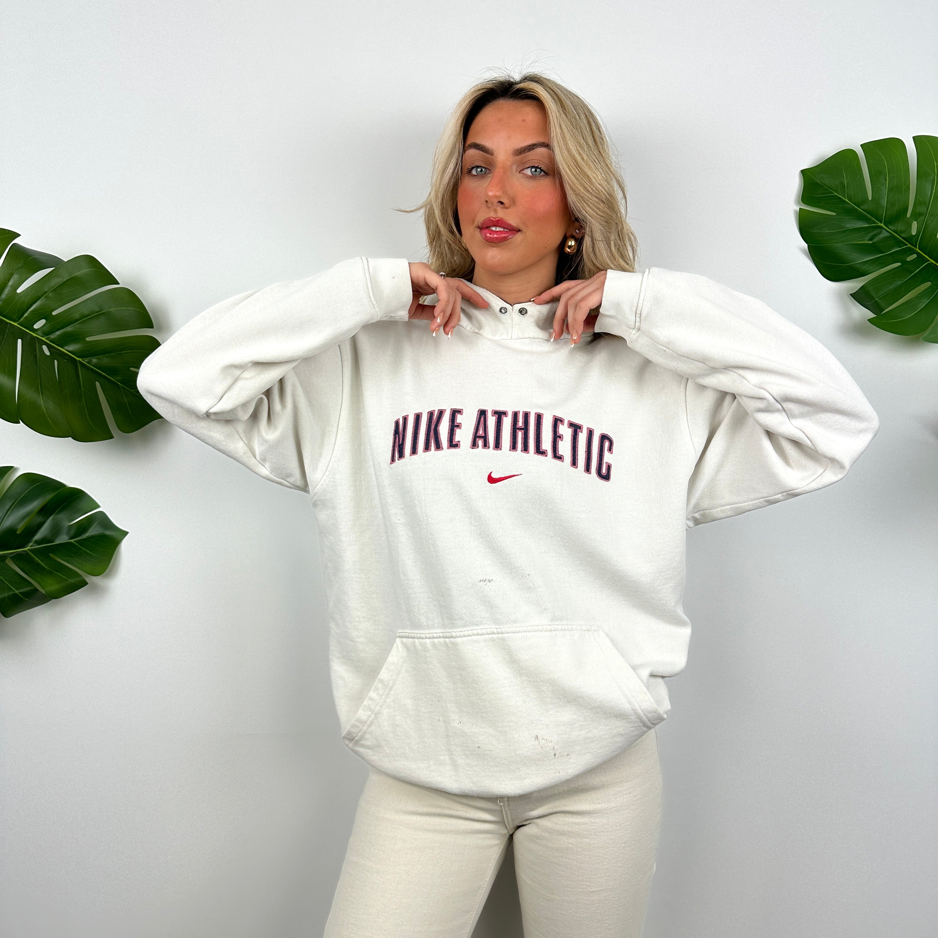 Nike Athletic White Embroidered Spell Out Hoodie (M)