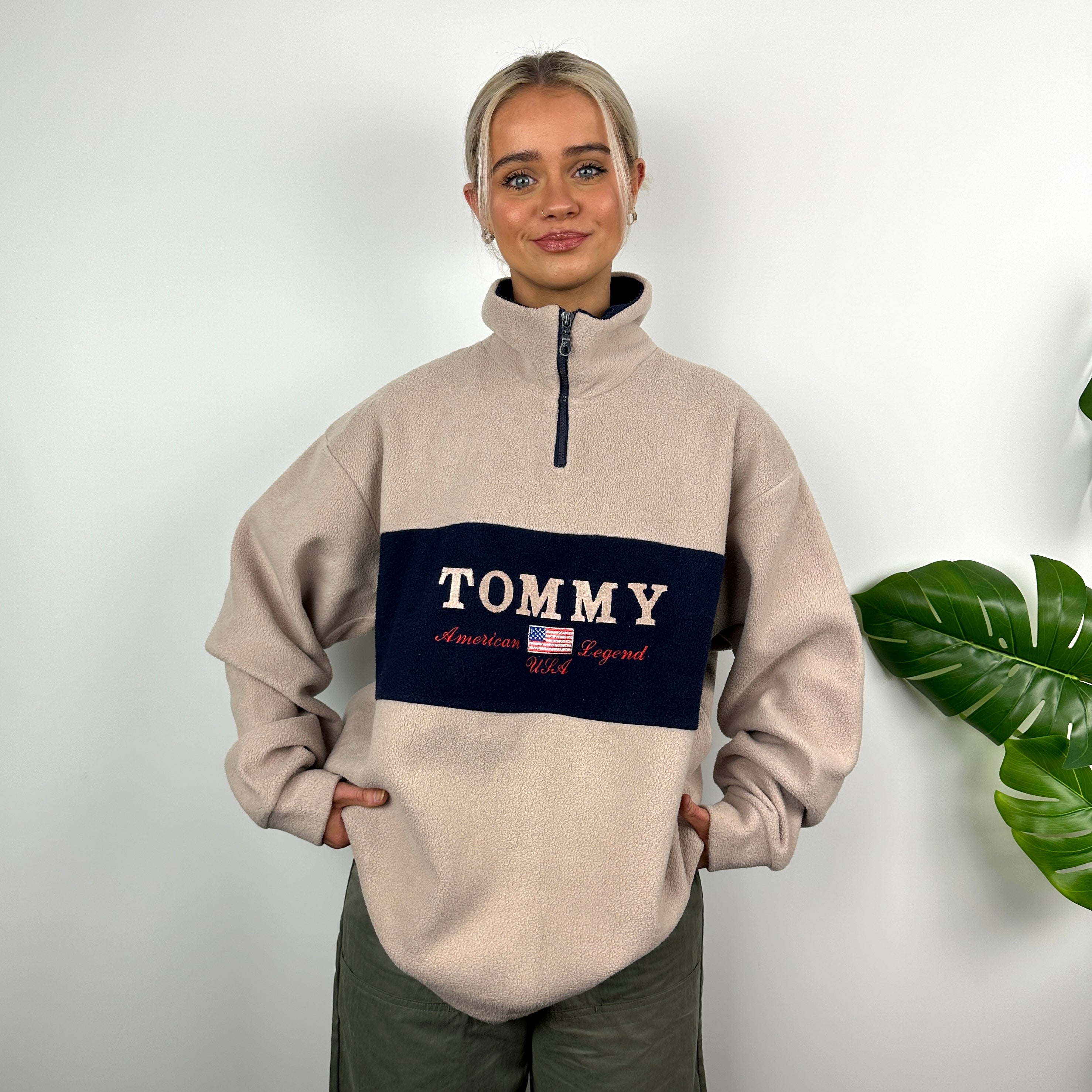 Tommy Hilfiger RARE Tan Brown Embroidered Spell Out Teddy Bear Fleece Quarter Zip Sweatshirt (L)