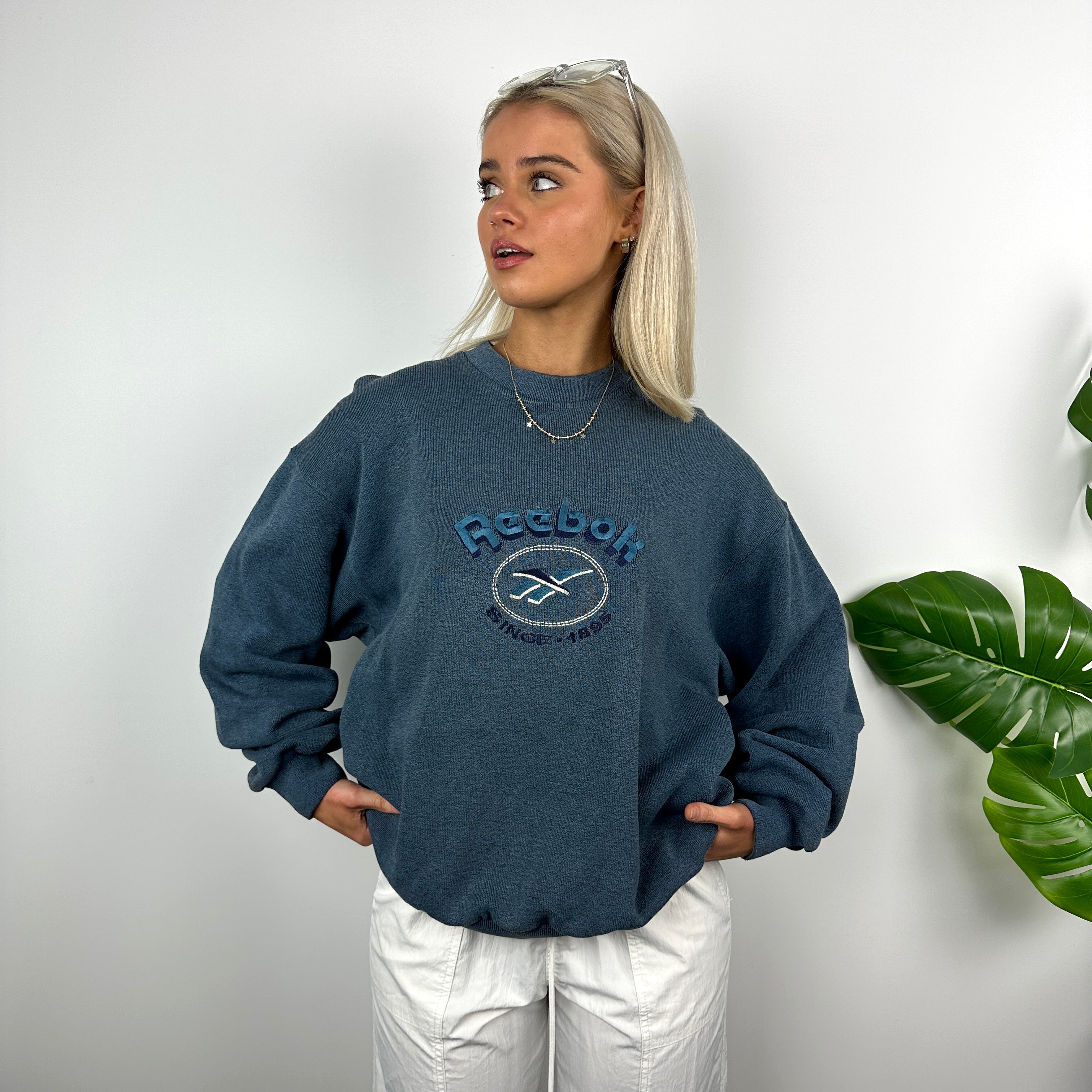 Reebok Blue Embroidered Spell Out Sweatshirt (M)