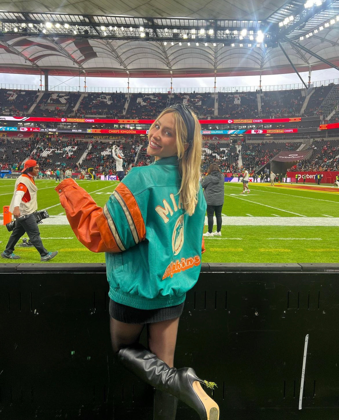 Miami Dolphins NFL Turquoise Blue Heavyweight Jacket as worn by Alix Earle (L)